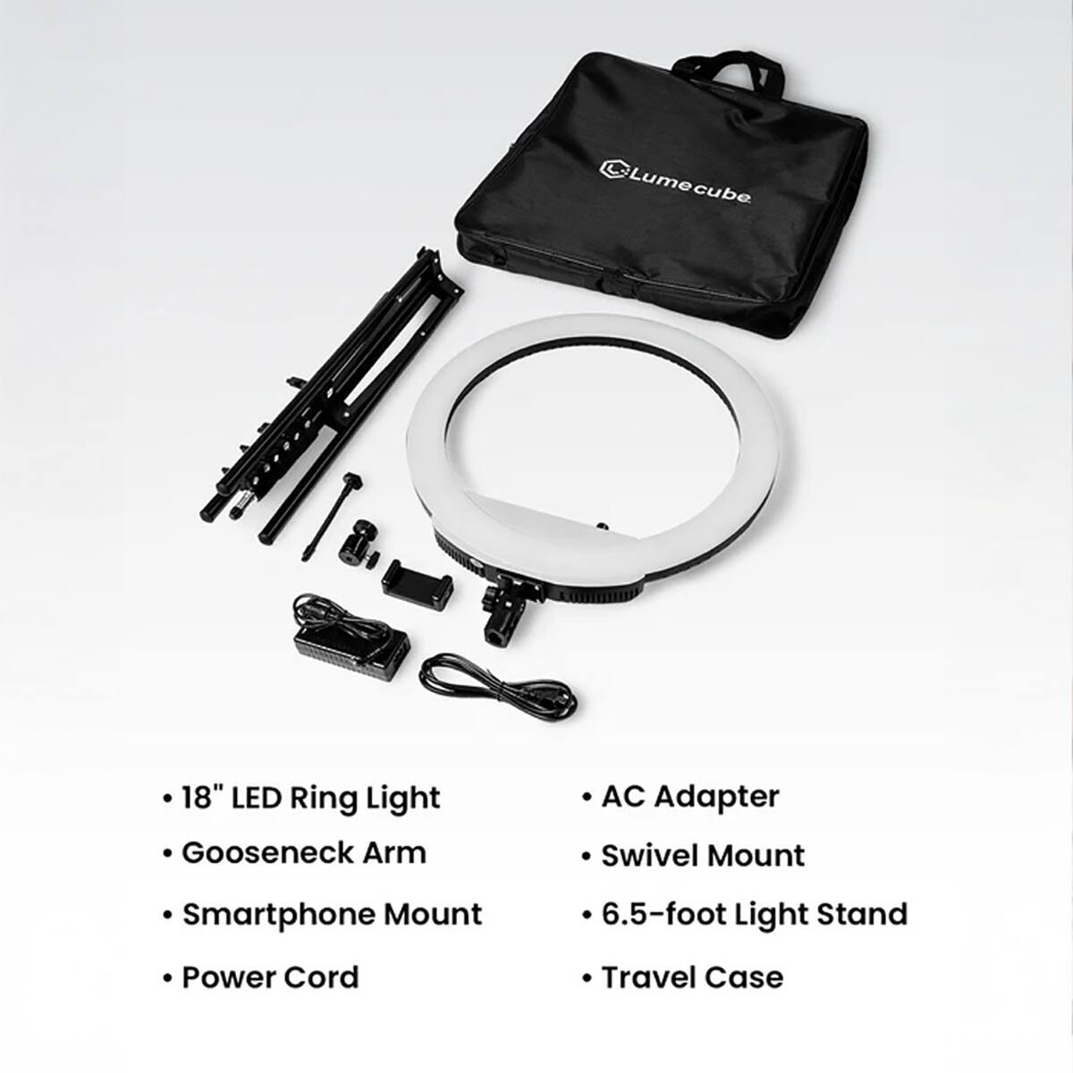 Lumecube 18" LED Ring Light Gooseneck Arm AC Adapter Swivel Mount Smartphone Mount 6.5-foot Light Stand Power Cord Travel Case