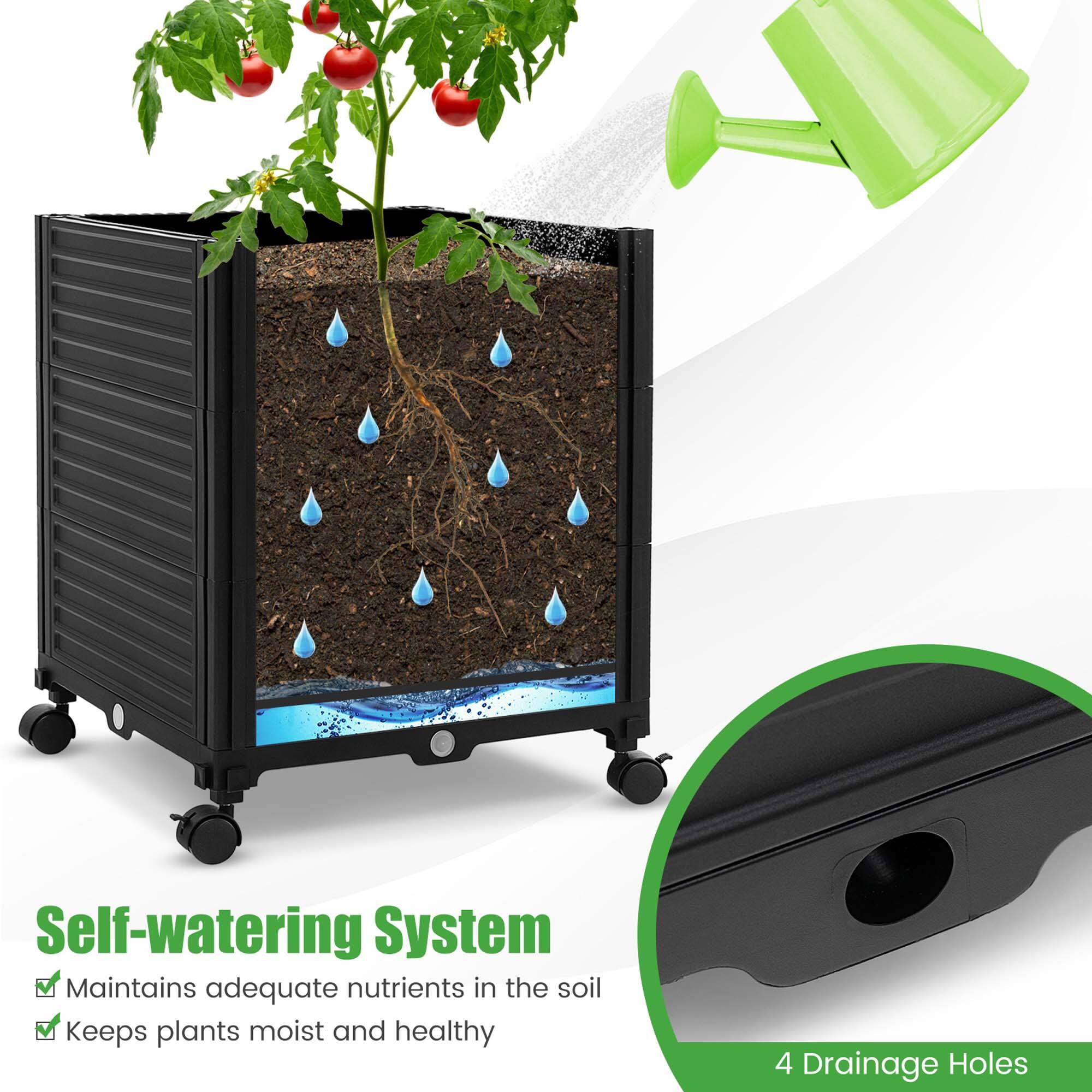 The text on the image is already grouped and correctly written. It reads: "Self-watering System Maintains adequate nutrients in the soil Keeps plants moist and healthy 4 Drainage Holes."