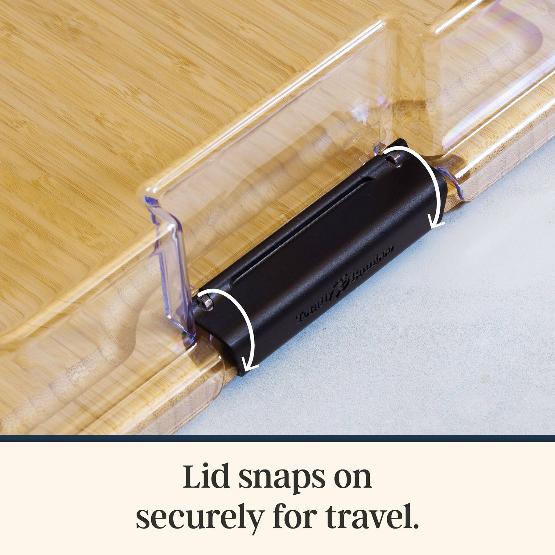 Lid snaps on securely for travel.