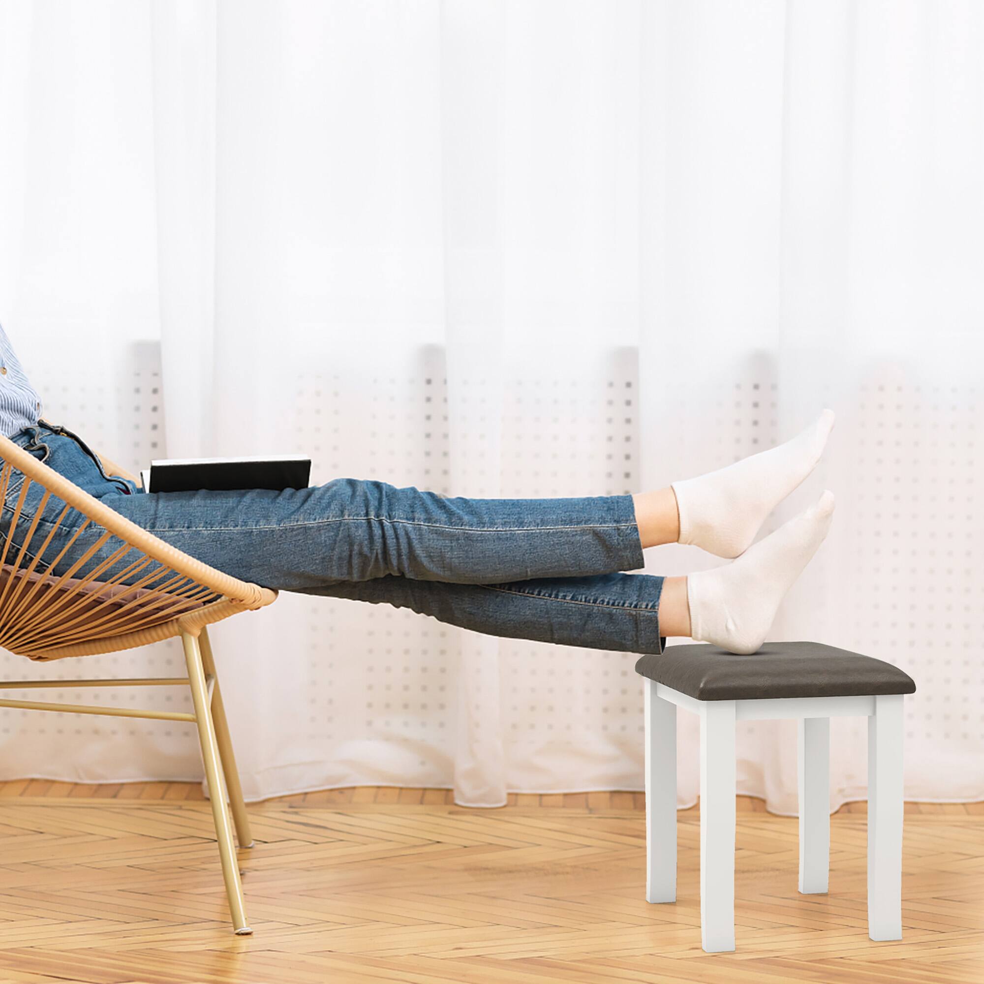 Alt View 3. Gymax - Gymax 2PCS Vanity Stool Chair Solid Wood Ottoman Set w/ Padded Seat Cushion Gray - Gray, White.