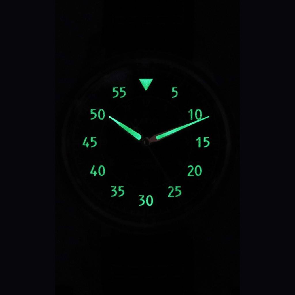 Angle. RATIO - Skysurfer Pilot Black Textured Dial Leather Automatic RTS320 200M Men's Watch - Black and silver.