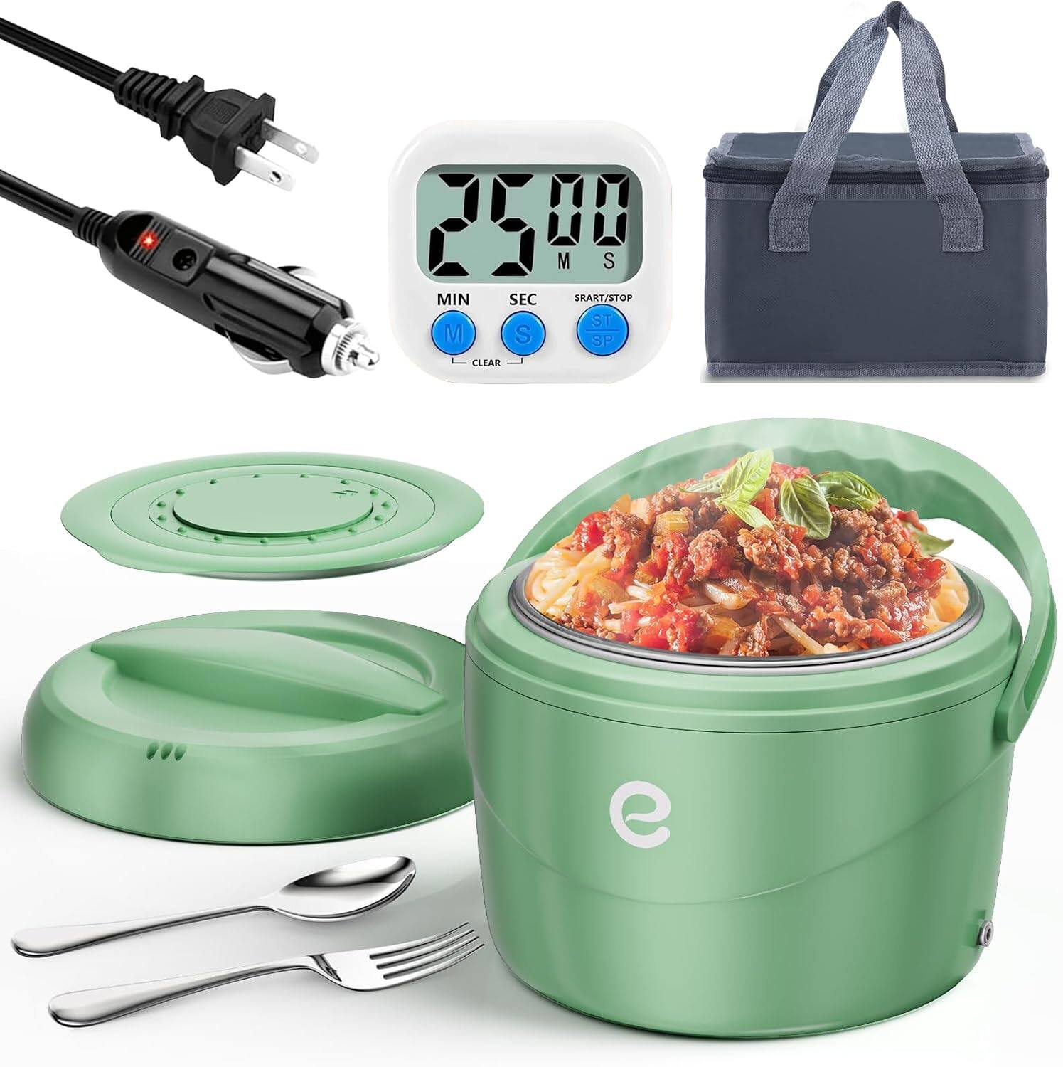 RTMB - 40oz 80W Electric Lunch Box with Timer & Stainless Steel Accessories - Green
