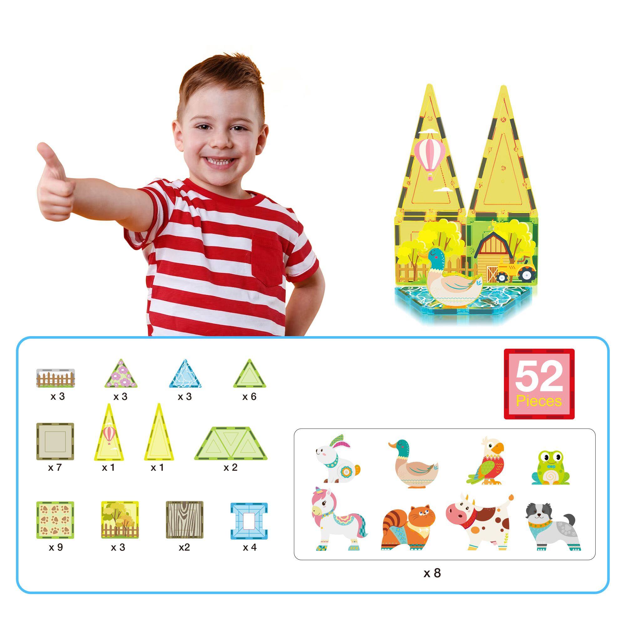 Alt View 2. PicassoTiles - PICASSO-TILES Magnetic Tiles for Kids, 52PCS, Farm Theme, Construction STEM Building Blocks Educational Toy - Multicolor.
