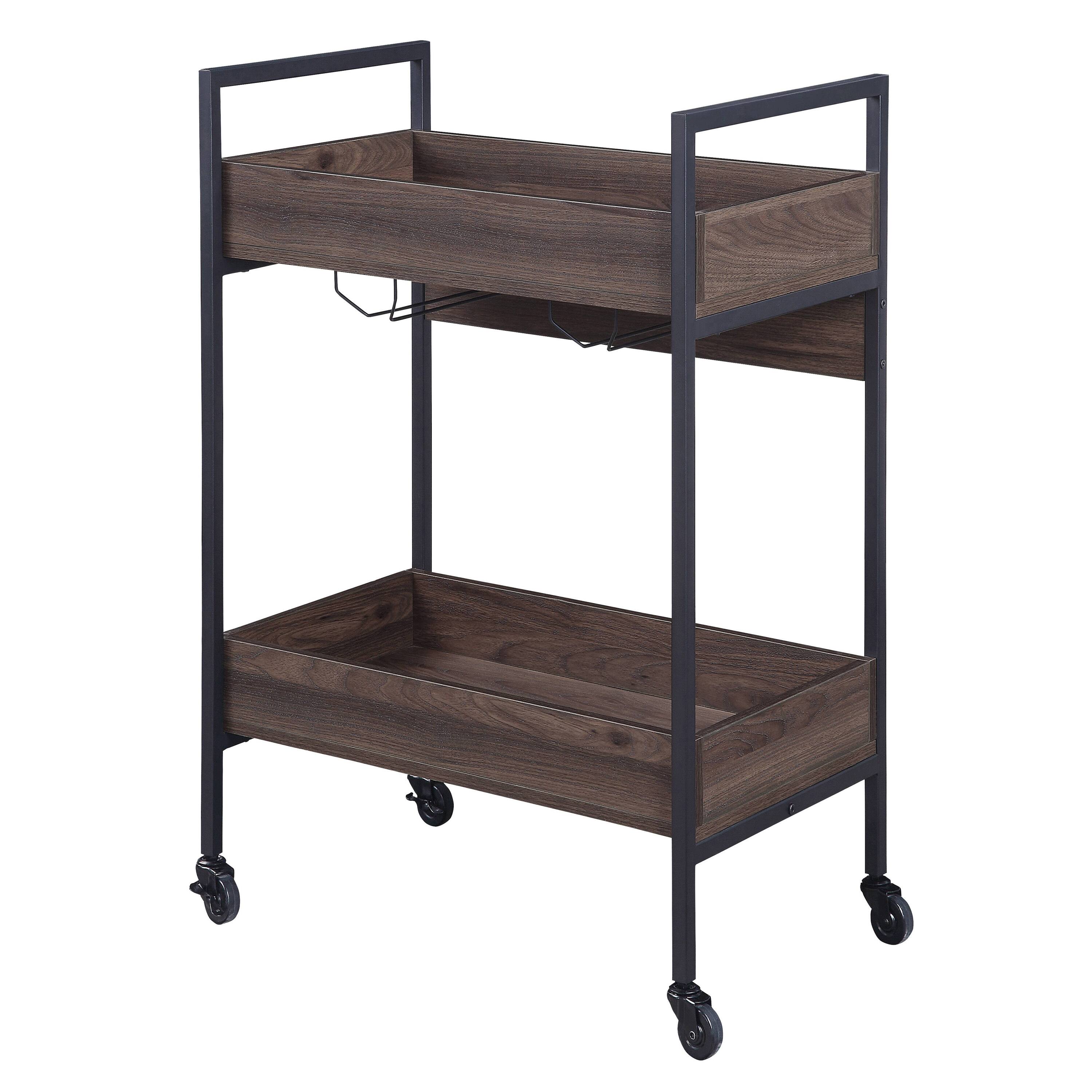 Front. APRILSOUL - Walnut and Black Serving Cart with 2 Shelves - Brown+Black.