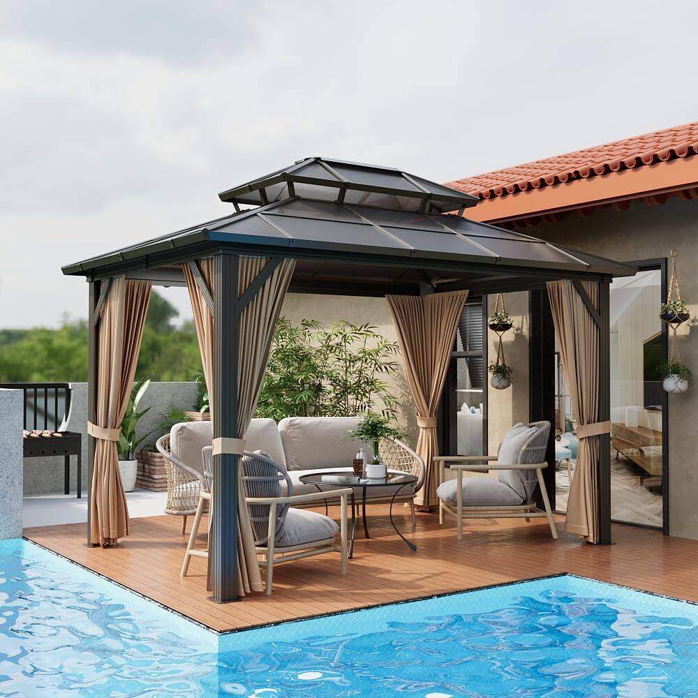 Left. Acekool - 10'x12' Hardtop Gazebo, Double Polycarbonate Roof, Aluminum Frame, Curtains & Netting, Outdoor Pavilion, 10x12ft - Brown.