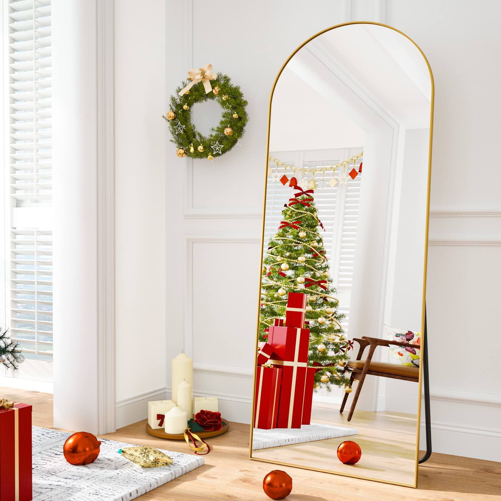 Left. HOMLUX - Arched Full Length Floor Mirror Gold Aluminum Frame Free Standing Leaning Wall Mount for Bedroom Entryway.