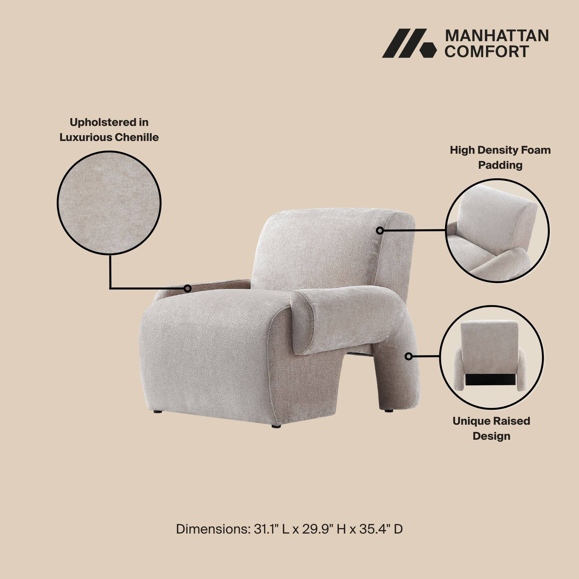 MANHATTAN COMFORT

Upholstered in Luxurious Chenille

High Density Foam Padding

Unique Raised Design

Dimensions: 31.1" L x 29.9" H x 35.4" D