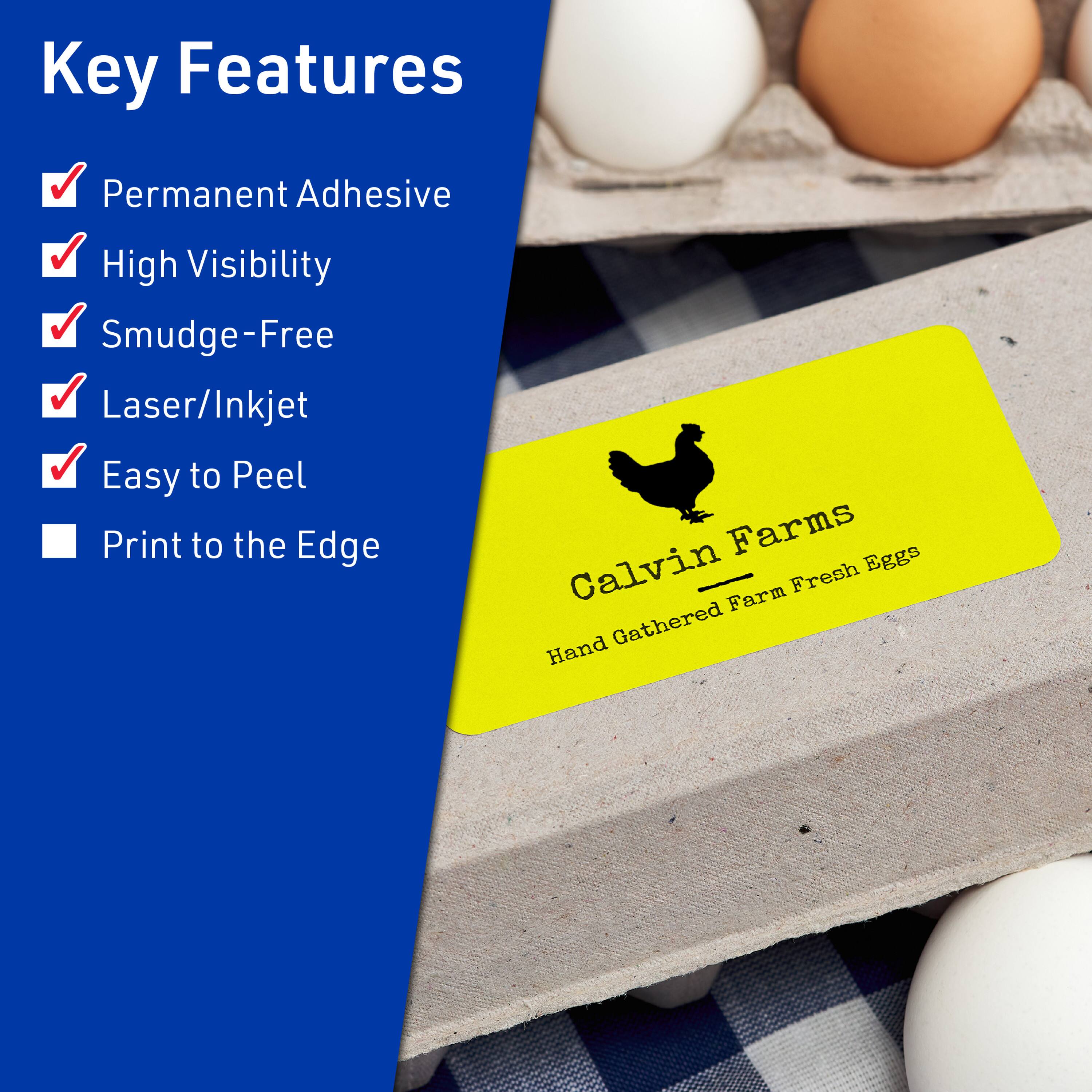 Key Features

- Permanent Adhesive
- High Visibility
- Smudge-Free
- Laser/Inkjet
- Easy to Peel
- Print to the Edge

Calvin Farms  
Hand Gathered Farm Fresh Eggs