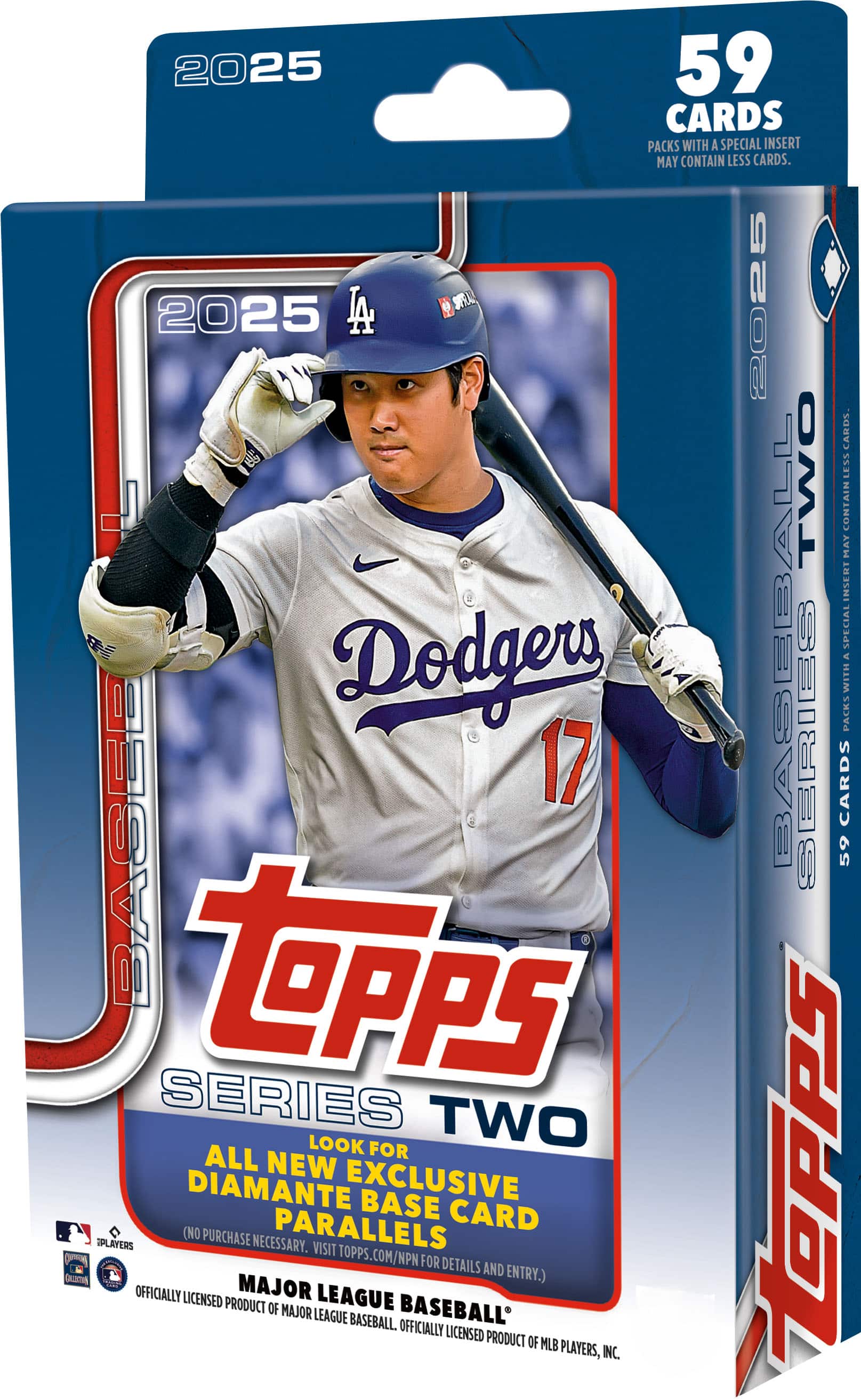 The image features a pack of baseball cards from the Topps Dodgers series. The pack contains 17 cards, including a special insert. The packs may contain less than 17 cards due to the insert. The cards are part of the Topps 59 series, and collectors can look for exclusive diamante base cards of players. The packs are an officially licensed product of Major League Baseball.
