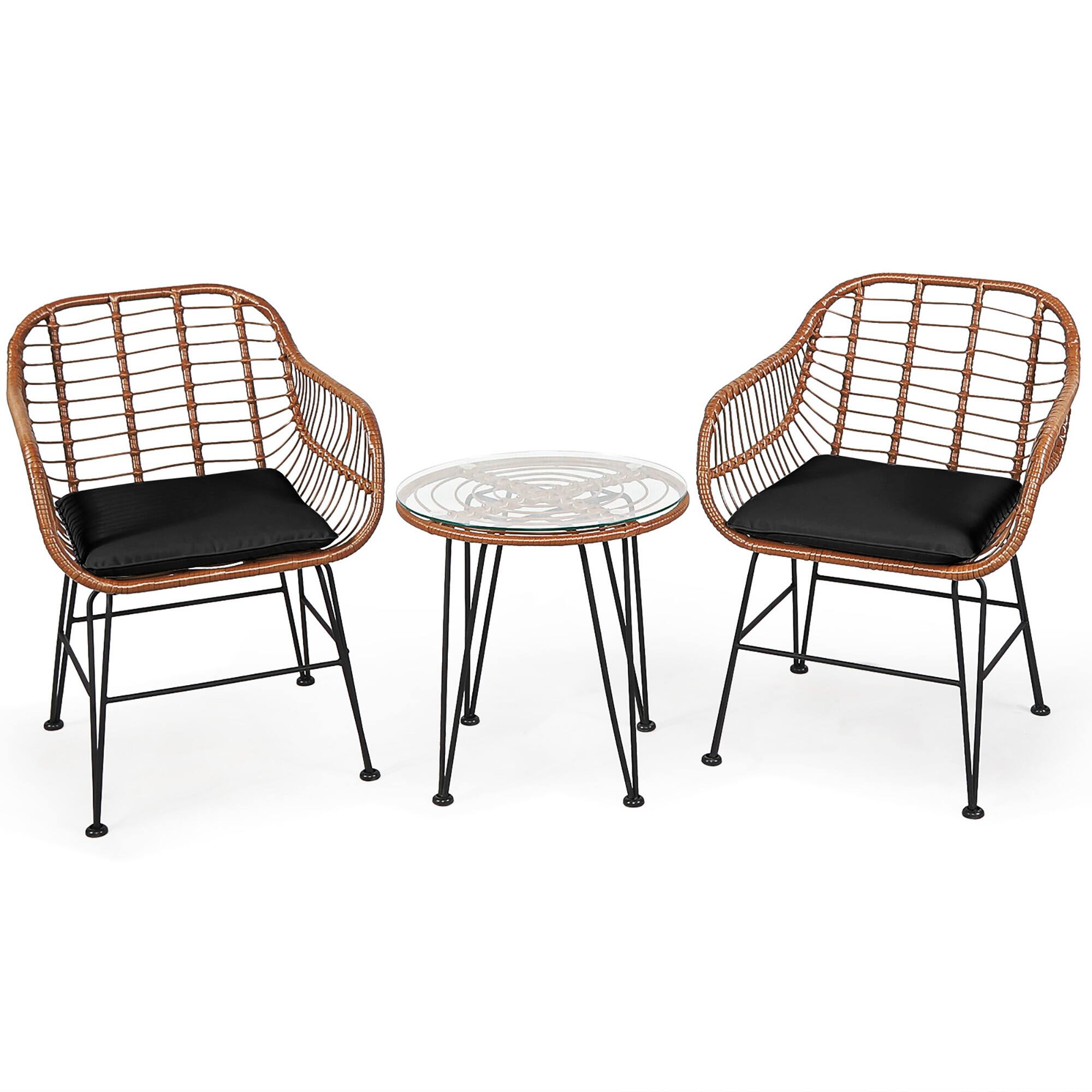 Alt View 1. Gymax - Gymax 3PCS Rattan Patio Conversation Set Bistro Chat Set w/ Black Cushion - Black.