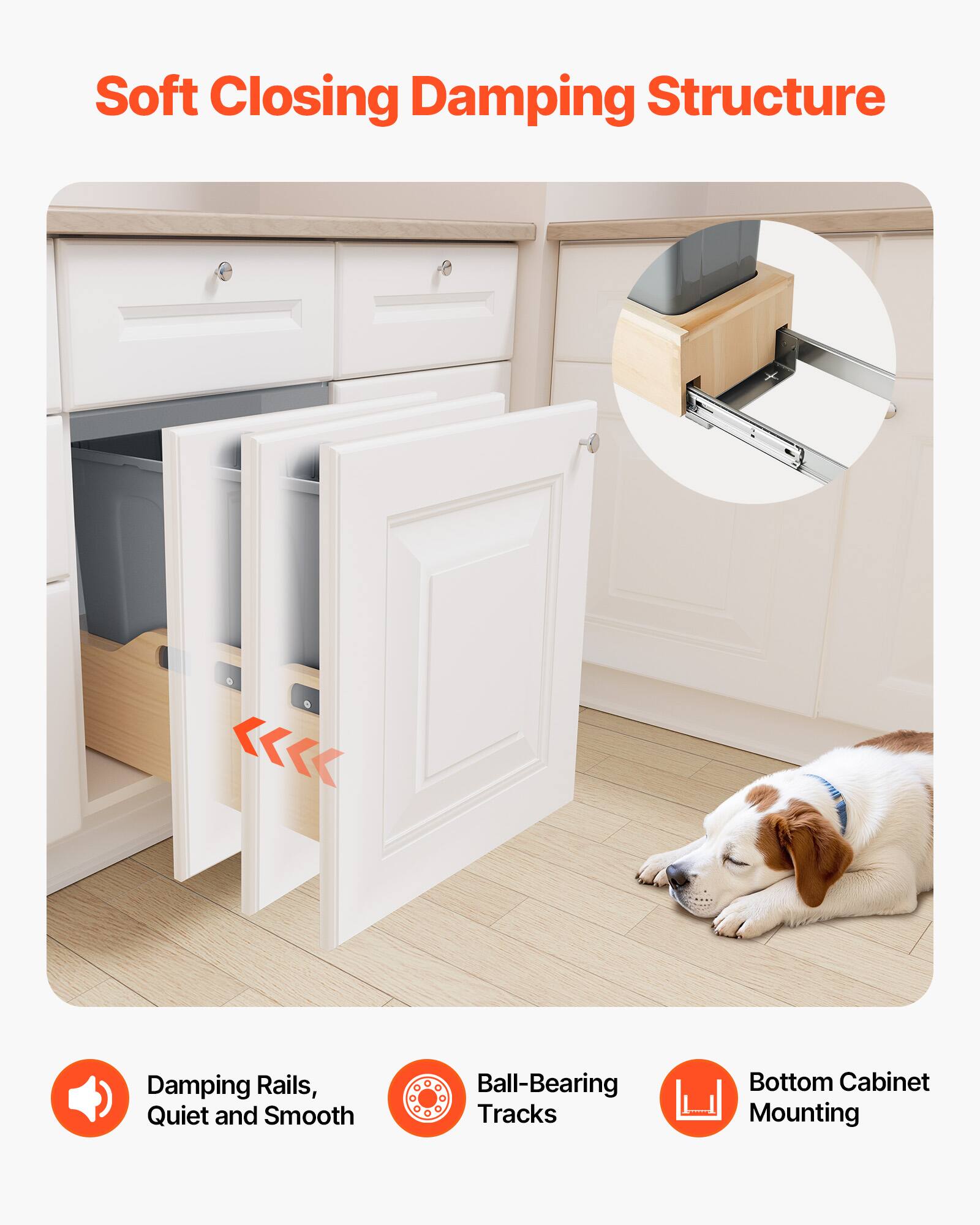 Soft Closing Damping Structure

- Damping Rails, Quiet and Smooth
- Ball-Bearing Tracks
- Bottom Cabinet Mounting