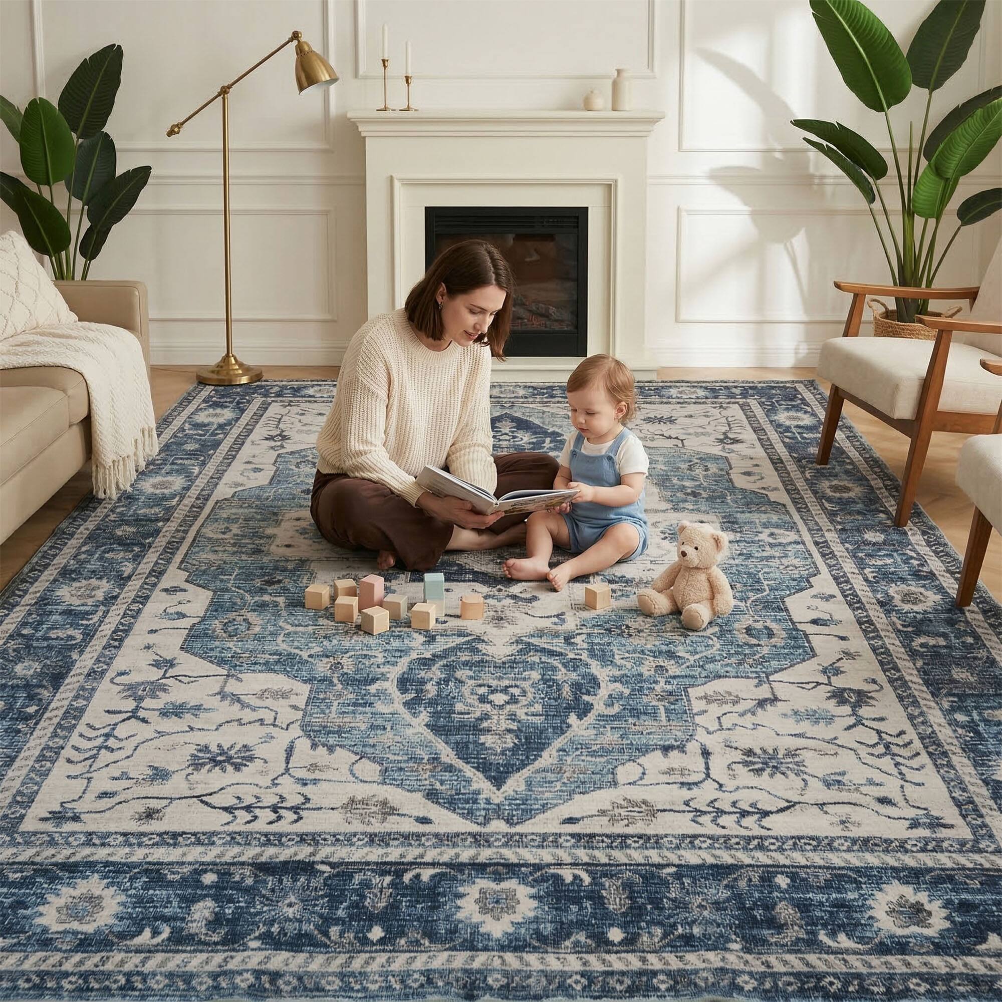 Alt View 1. RYHNUYNE - 9x12 Area Rugs Living Room Rug, Washable Vintage Medallion Rug, Soft Carpet for Dining Room Bedroom Home Office(Blue) - Blue.