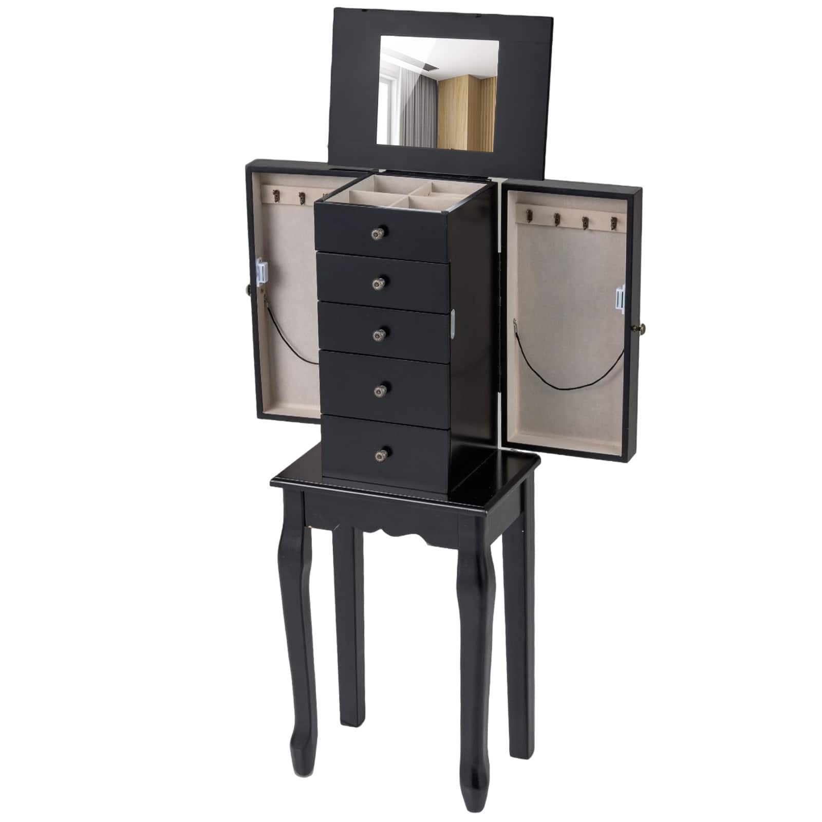Gymax - Mirrored Armoire Jewelry Cabinet Free Standing Organizer Storage Box Chest - Black
