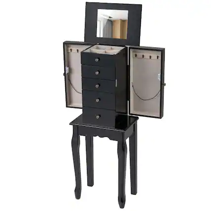 Front. Gymax - Gymax Mirrored Armoire Jewelry Cabinet Free Standing Organizer Storage Box Chest Black - Black.