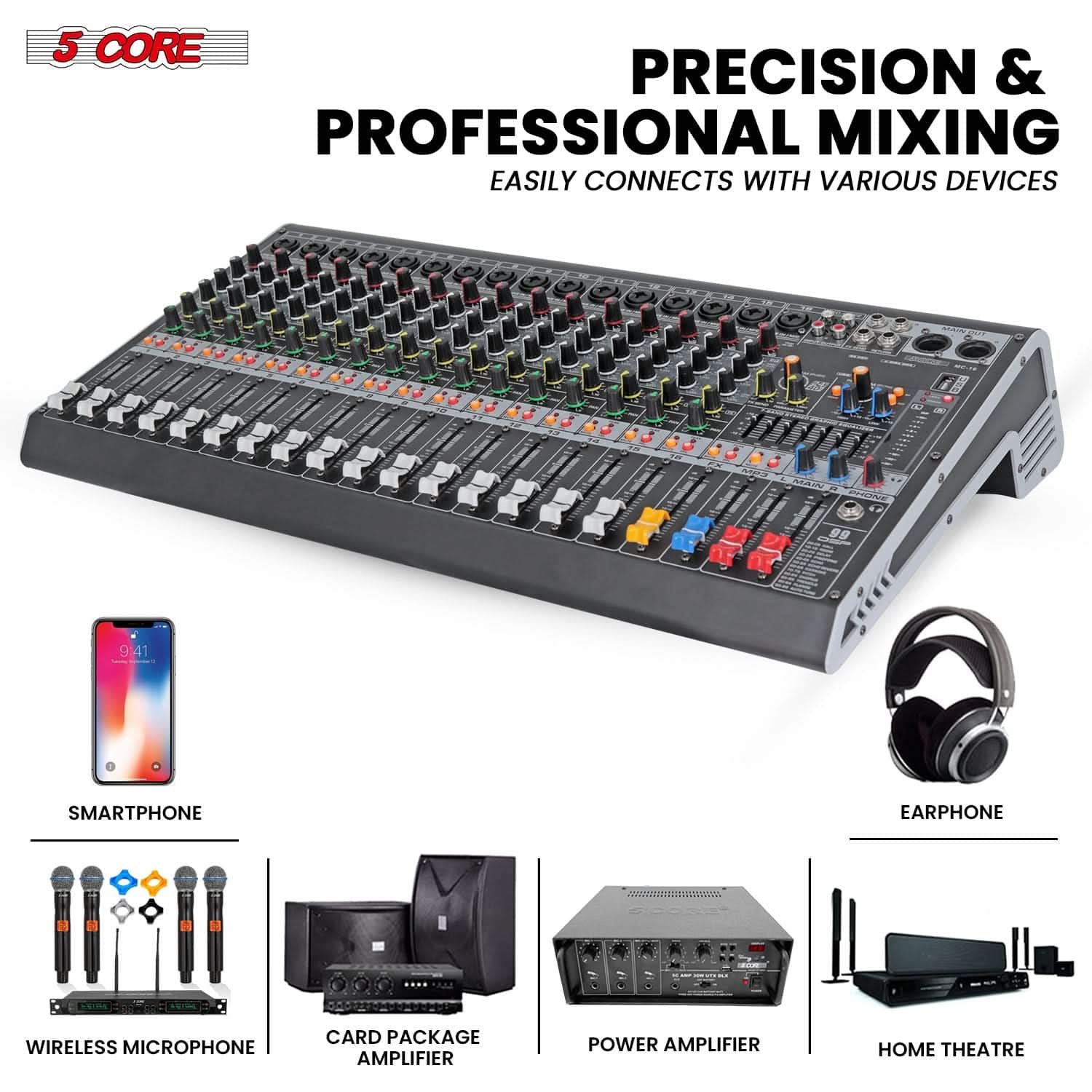 5 CORE Audio Mixer 16 Channel DJ Soundboard USB Interface