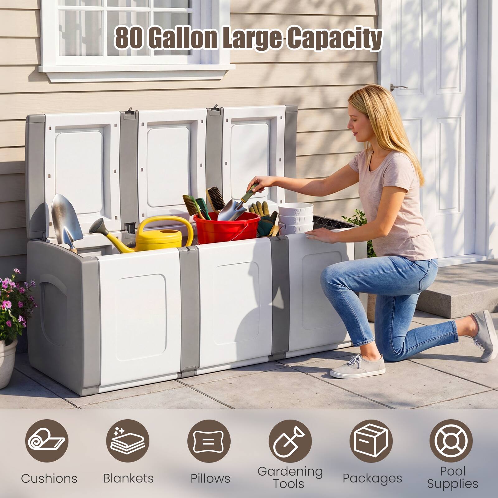 80 Gallon Large Capacity

- Cushions
- Blankets
- Pillows
- Gardening Tools
- Packages
- Pool Supplies