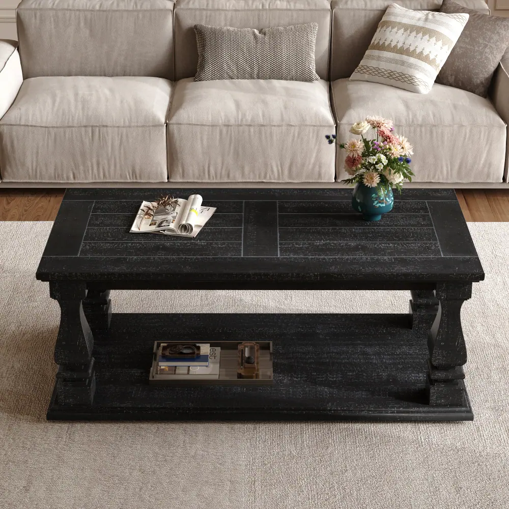 Loheer Weathered Black Farmhouse Coffee Table, 47 Inch Rustic Living ...