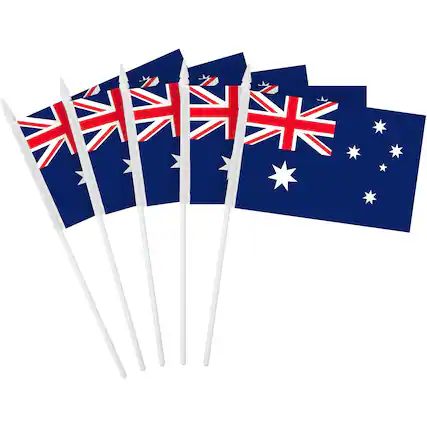 Front. G128 - 50-Pack Handheld Australian Flags, 4 x 6 in, 150D Polyester on Plastic Stick with Spear Tip - Assorted Colors.