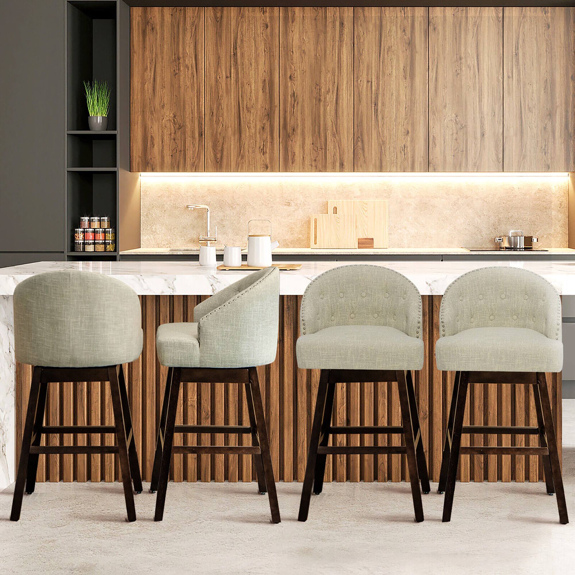 Alt View 1. Costway - Costway Set of 4 Swivel Bar Stools Tufted Bar Height Pub Chairs w/ Rubber Wood Legs - Beige + Brown.