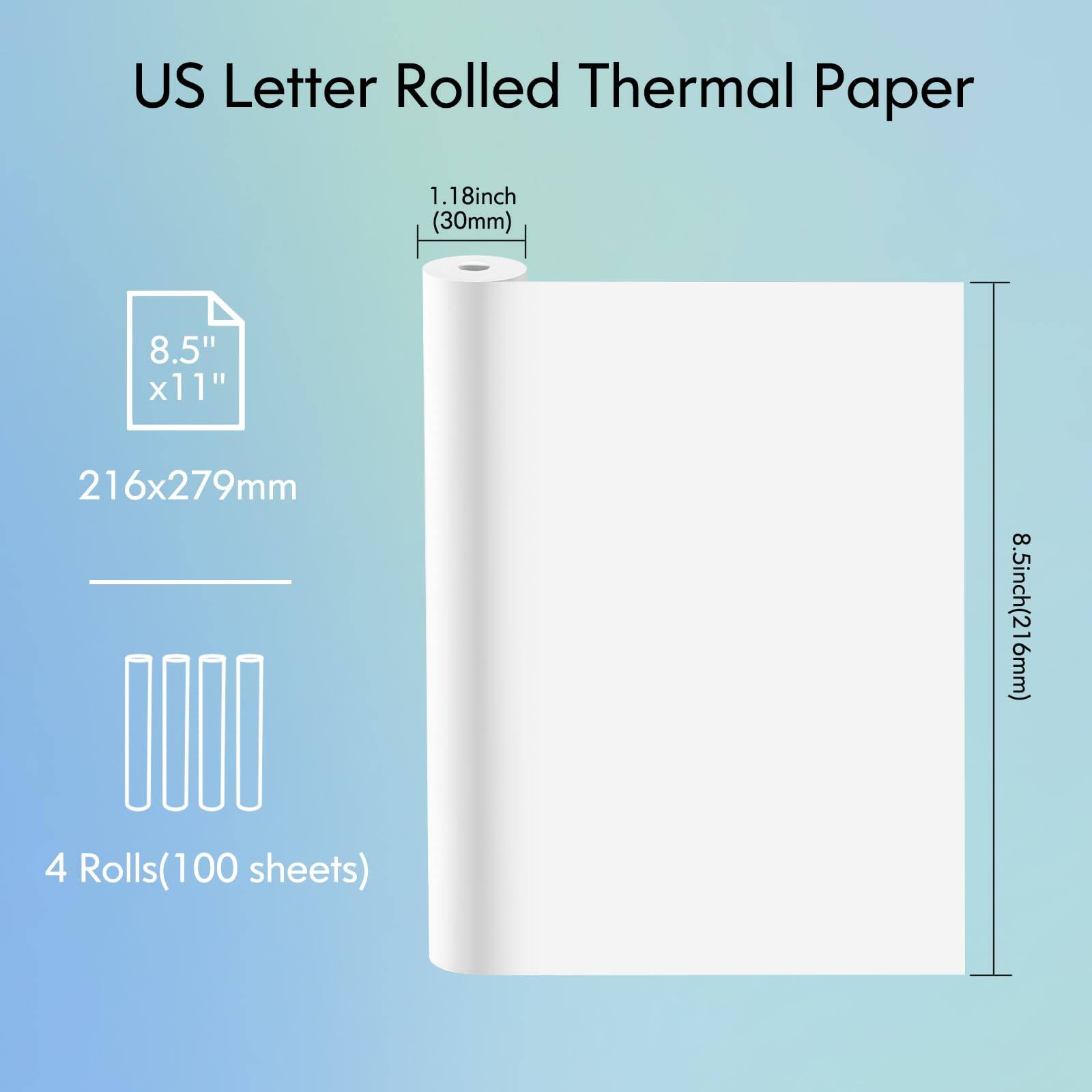 US Letter Rolled Thermal Paper 1.18inch (30mm) 8.5" x 11" (216x279mm) 6mm) 4 Rolls (100 sheets)