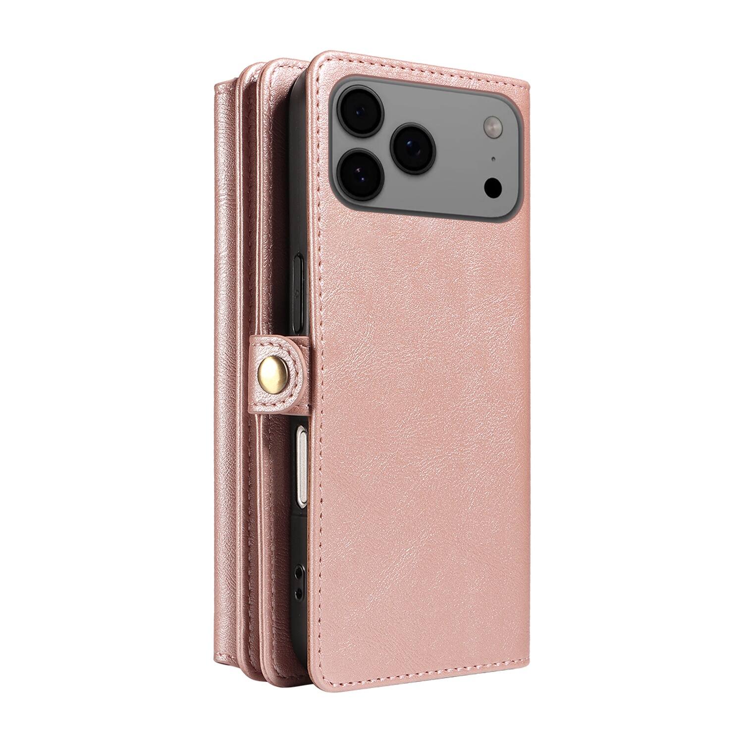 Left. UUCOVER - Zipper Wallet Case for Apple iPhone 17 Pro Max with RFID Card Slots, Cash Pockets, Shoulder Strap, Magnetic Flip Stand - Rosegold.
