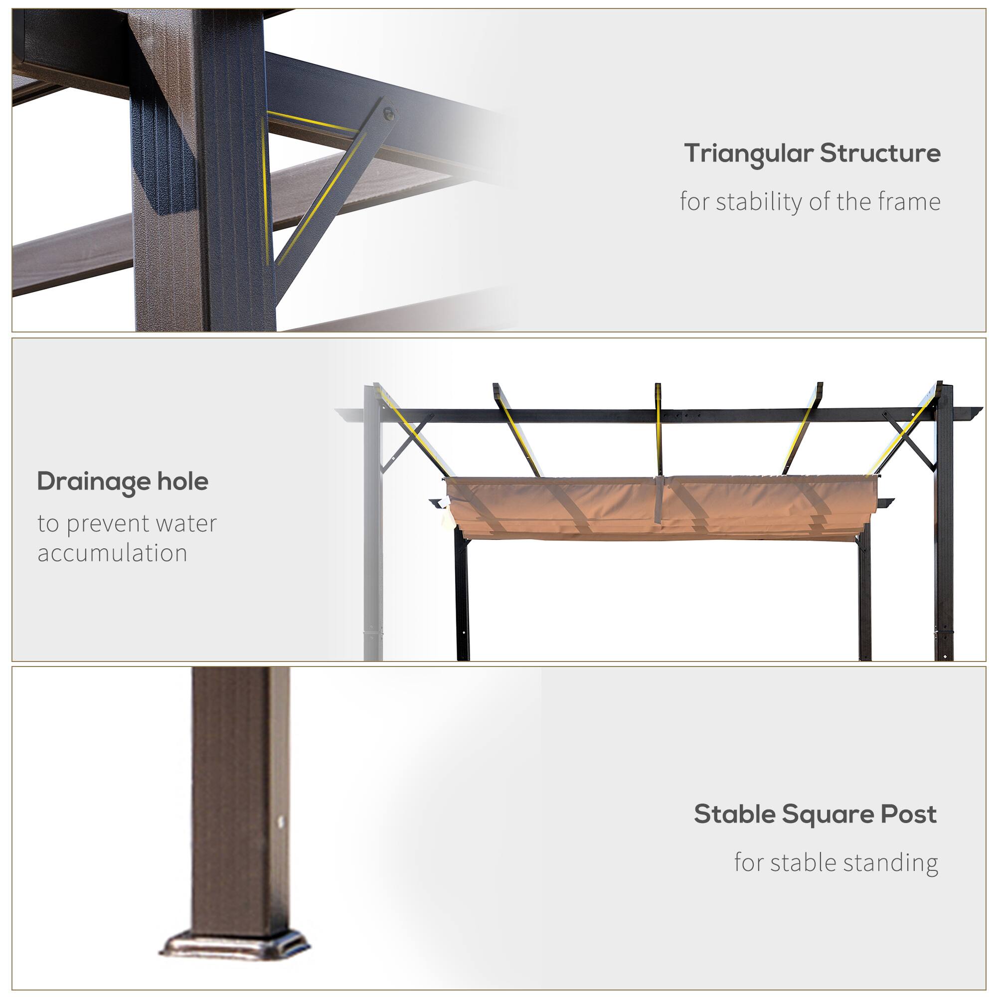Triangular Structure for stability of the frame, Drainage hole to prevent water accumulation, Stable Square Post for stable standing