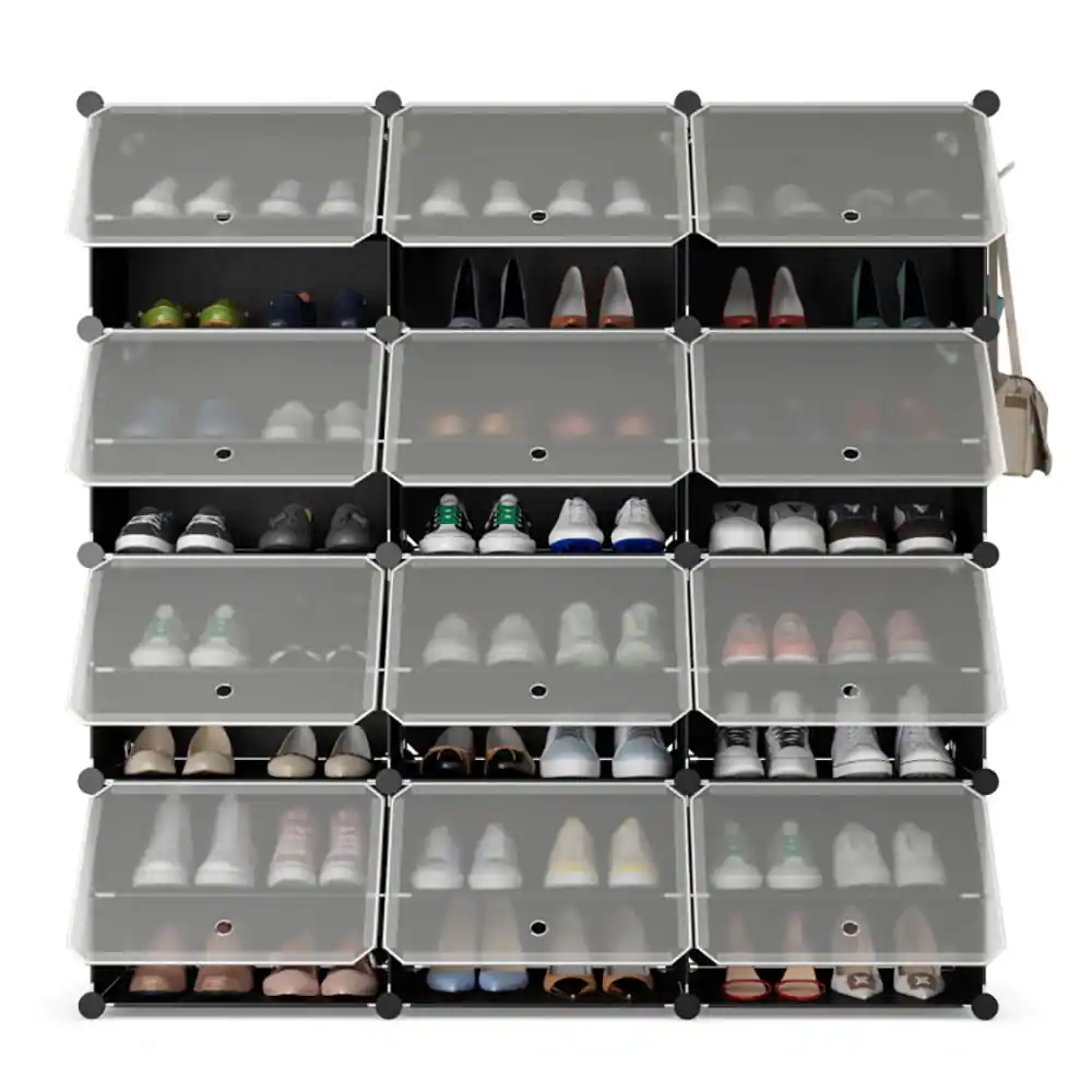 Front. Kadyn - 12-Cube 48 Pairs Portable Shoe Shelves with Hook-Black, Space-Saving Shoe Rack Organizer for Closet Entryway - Black.