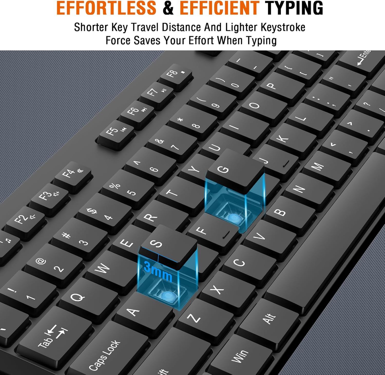 EFFORTLESS & EFFICIENT TYPING  
Shorter Key Travel Distance And Lighter Keystroke Force Saves Your Effort When Typing  

3mm