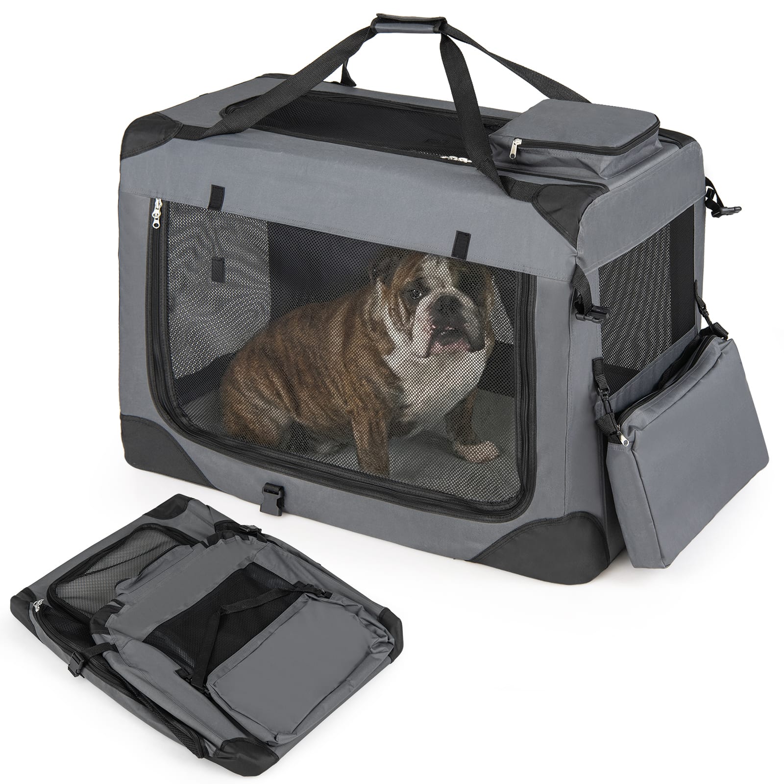 Gymax - 32'' Collapsible Soft Dog CratePortable Dog Travel Crate w/Mesh Windows 3 Doors - Gray