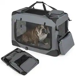Gymax - 32'' Collapsible Soft Dog CratePortable Dog Travel Crate w/Mesh Windows 3 Doors - Gray