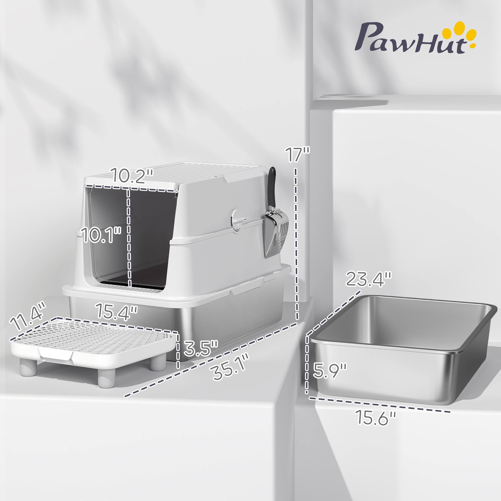 Pawhut Stainless Steel Cat Litter Box with Lid, XL Enclosed Metal