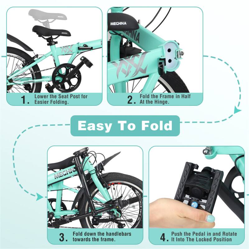 1. Lower the Seat Post for Easier Folding.
2. Fold the Frame in Half at the Hinge.
3. Fold down the handlebars towards the frame.
4. Push the Pedal in and Rotate It Into The Locked Position

Easy To Fold