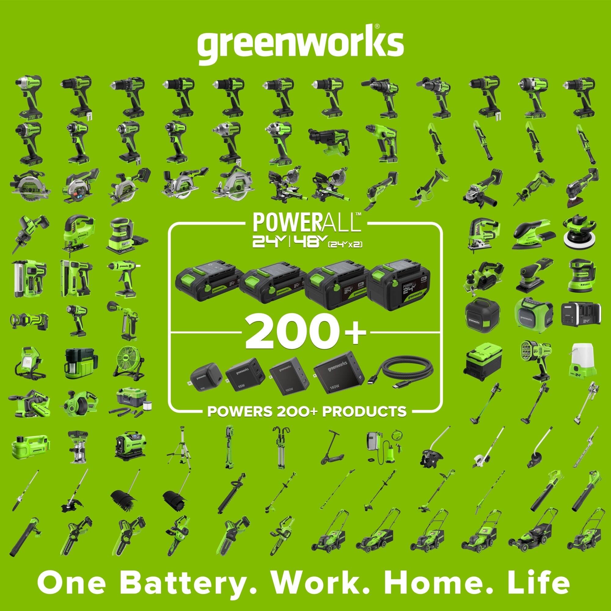 greenworks  
POWERALL 24Y 48Y [24Yx2]  
200+ greenworks Rial NOW  
POWERS 200+ PRODUCTS  
One Battery. Work. Home. Life