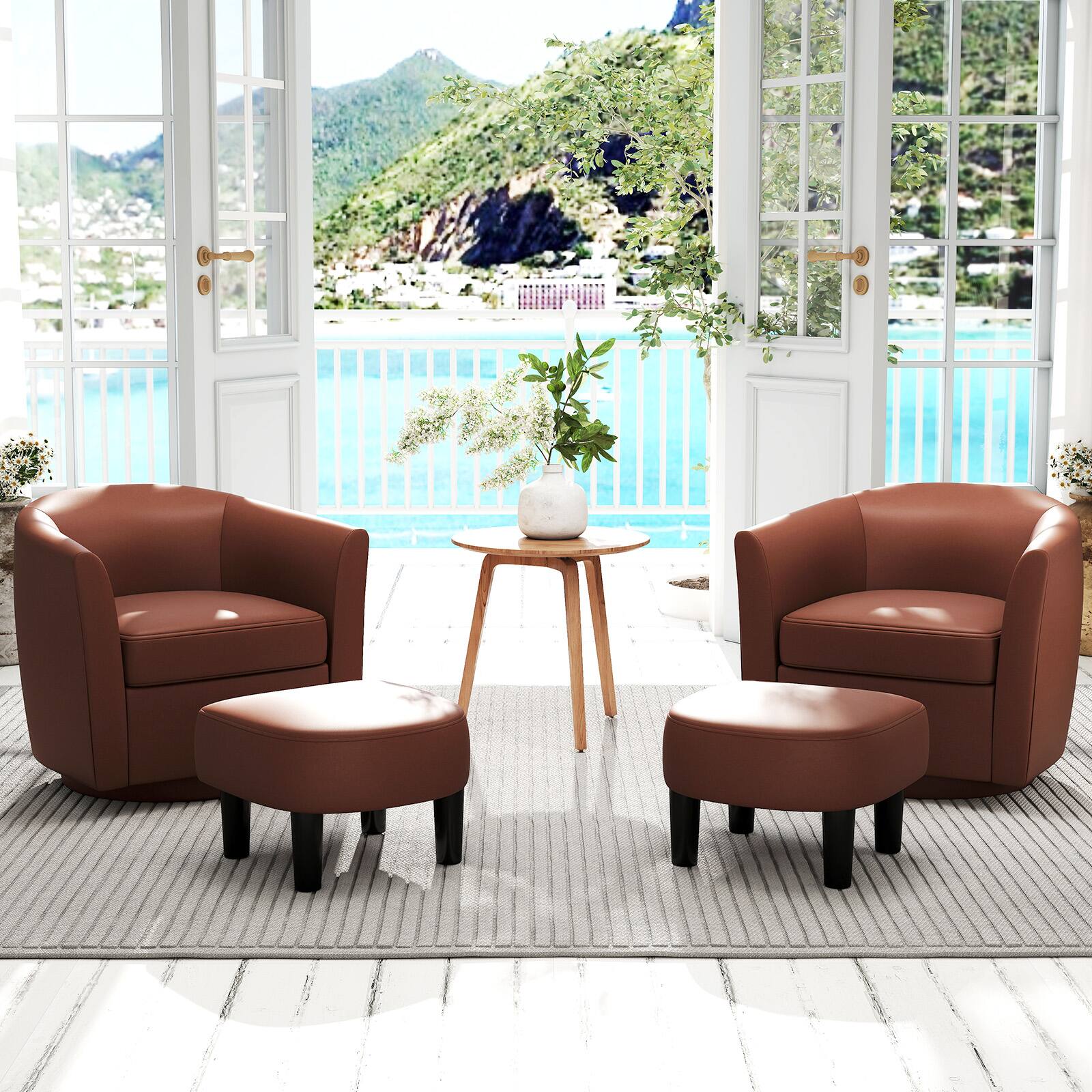 Alt View 3. Costway - Costway Swivel Barrel Chair with Ottoman Footrest Curved Backrest & Armrests Living Room - Brown.