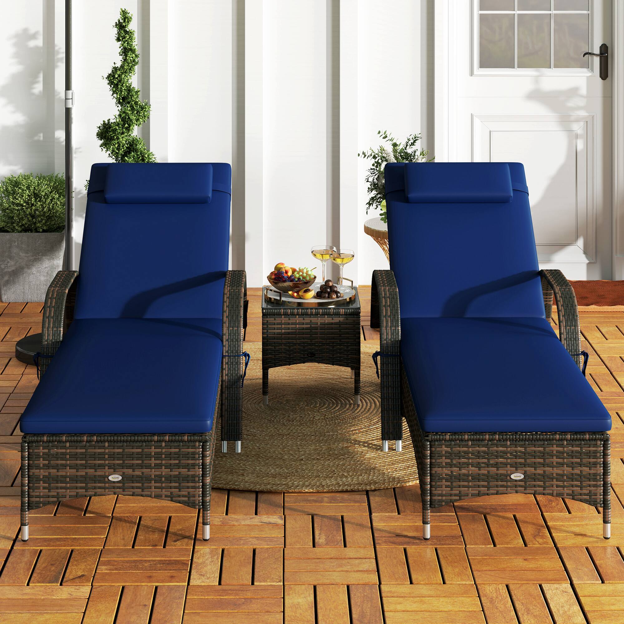 Alt View 8. Outsunny - Wicker Outdoor Chaise Lounge Chair Set of 3 with Side Table, 5-Level Adjustable Backrest PE Rattan Pool Lounge Chair - Blue.
