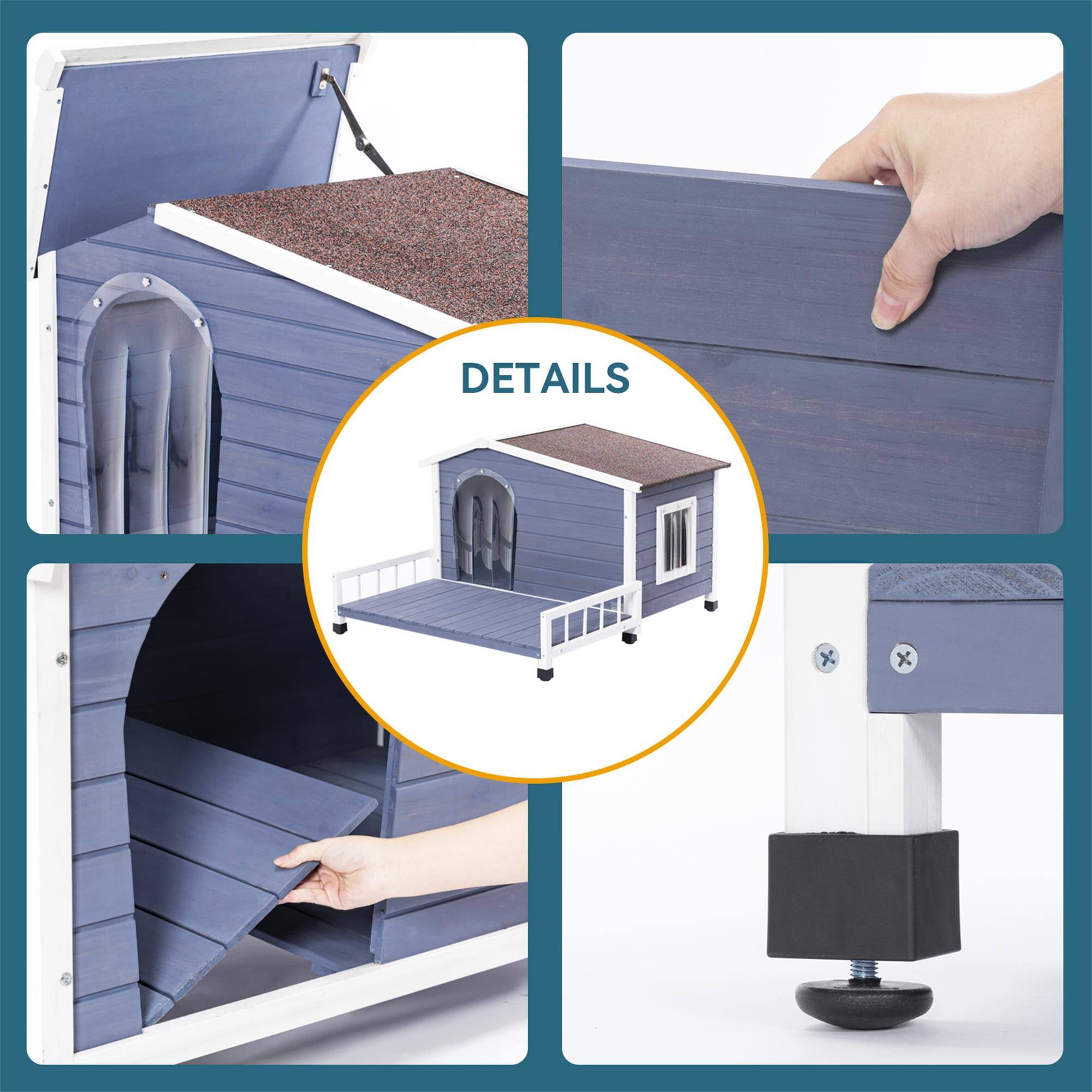 Alt View 4. Pefilos - 46" Weatherproof Wood Dog Houses with Terrace and An Open Roof, Outdoor Large Pet Cat House, Windows and Door Curtains.