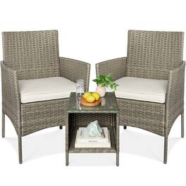 Best Choice Products - 3-Piece Outdoor Wicker Conversation Patio Bistro Set, w/ 2 Chairs, Table - Taupe/White Sand