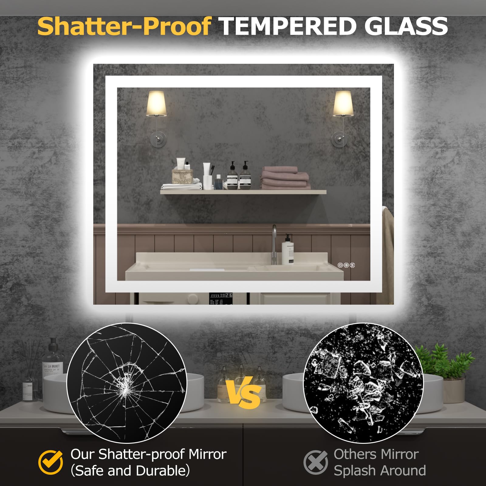 Shatter-Proof TEMPERED GLASS

Our Shatter-proof Mirror (Safe and Durable)

VS

Others Mirror Splash Around