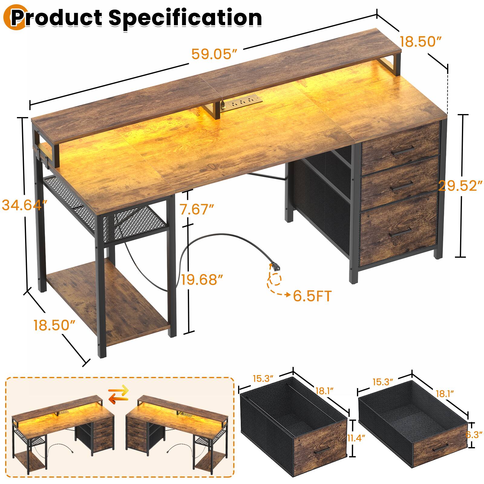 Product Specification

- Length: 59.05"
- Width: 18.50"
- Height: 34.64"
- Drawer Height: 7.67"
- Drawer Width: 15.3"
- Drawer Depth: 18.1"
- Drawer Height: 15.3"
- Drawer Width: 18.1"
- Drawer Height: 6.3"
- Overall Height: 29.52"
- Overall Width: 19.68"
- Overall Length: 6.5FT