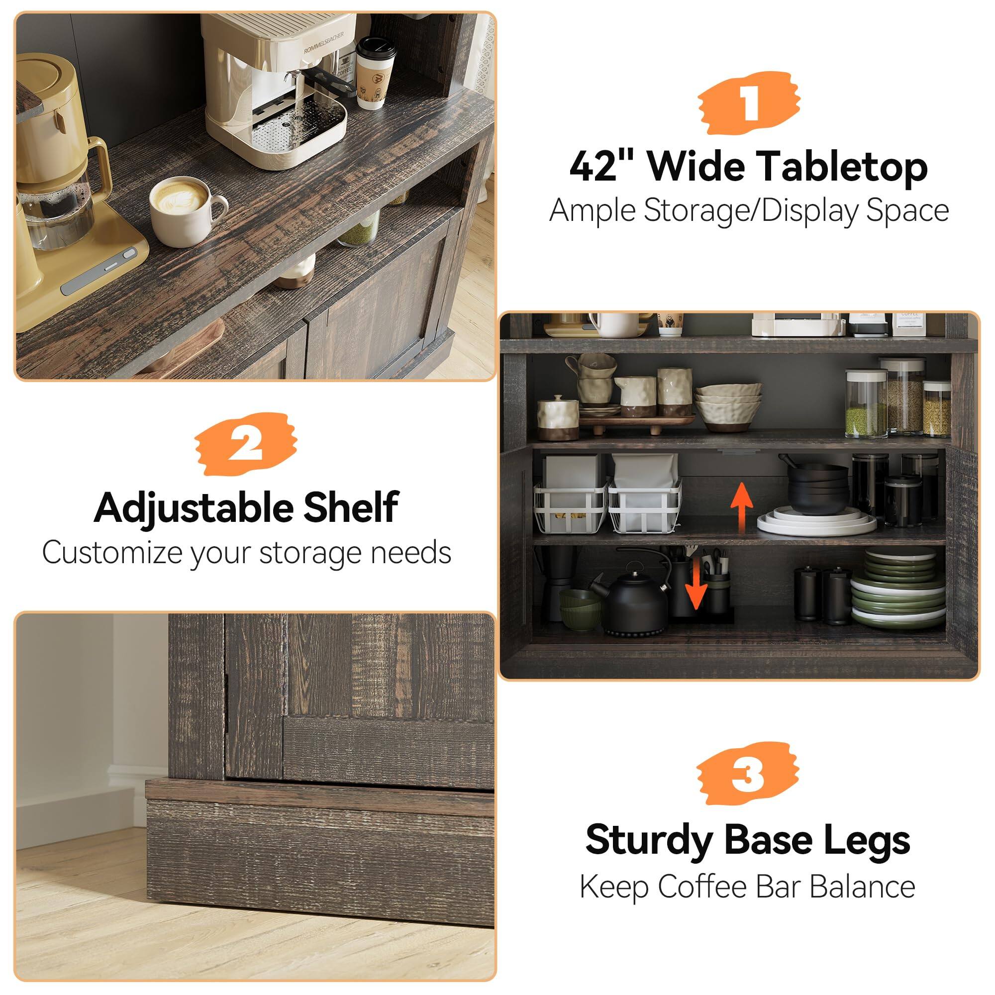 1. 42" Wide Tabletop  
   Ample Storage/Display Space

2. Adjustable Shelf  
   Customize your storage needs

3. Sturdy Base Legs  
   Keep Coffee Bar Balance