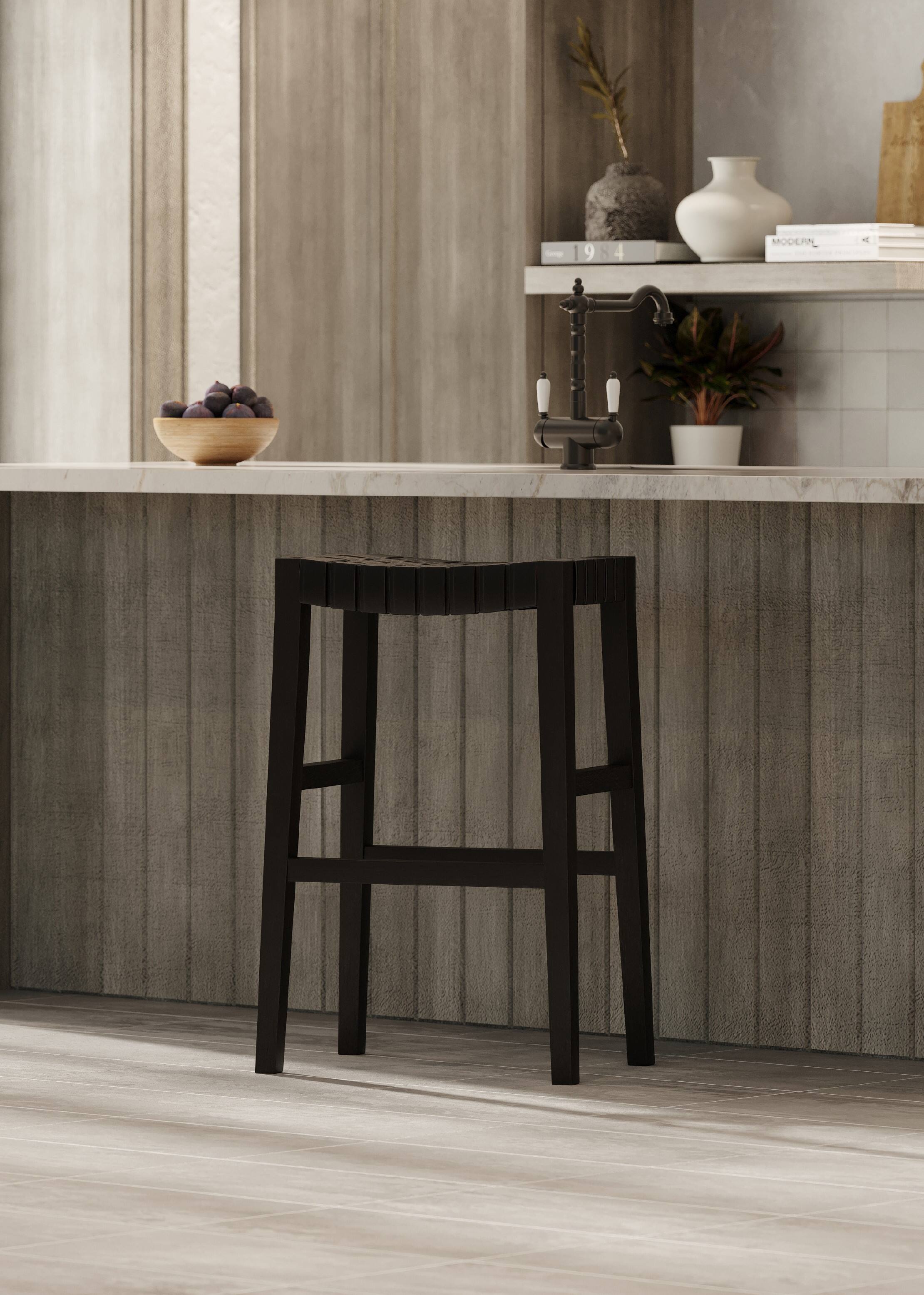 Angle. Maven Lane - 31" Emerson Bar Stool In Weathered Brown Wood Finish With Vegan Leather - Weathered Brown.