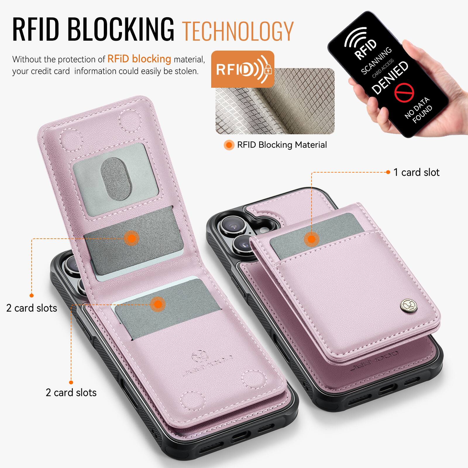 RFID BLOCKING TECHNOLOGY

Without the protection of RFID blocking material, your credit card information could easily be stolen.

RFID Blocking Material

1 card slot

2 card slots

2 card slots