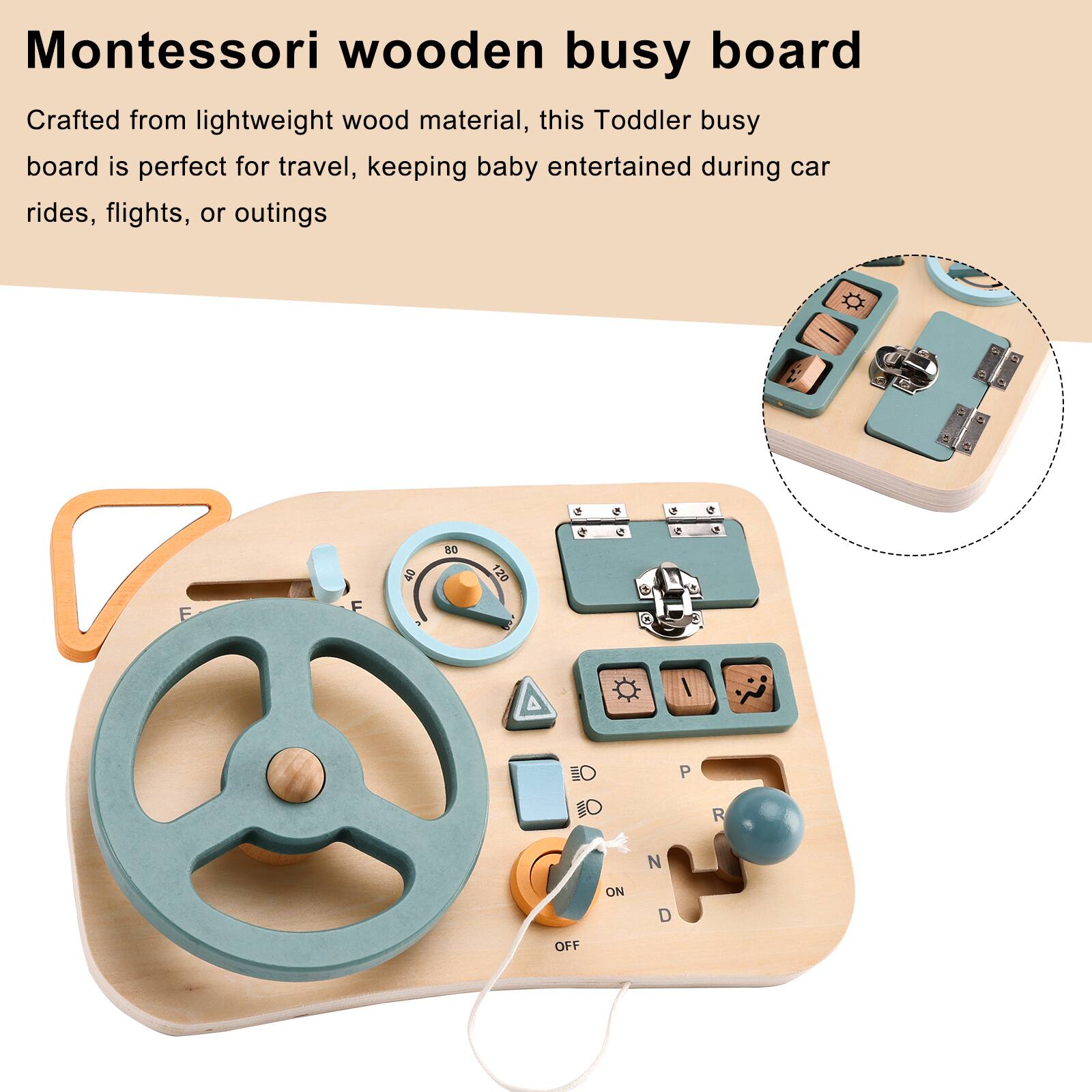 Montessori wooden busy board

Crafted from lightweight wood material, this Toddler busy board is perfect for travel, keeping baby entertained during car rides, flights, or outings