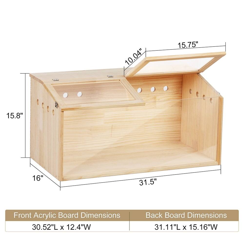 Front Acrylic Board Dimensions: 30.52"L x 12.4"W  
Back Board Dimensions: 31.11"L x 15.16"W  

Dimensions:  
- Height: 16"  
- Width: 31.5"  
- Depth: 15.8"  
- Top Overhang: 15.75"  
- Top Overhang Height: 10.04"
