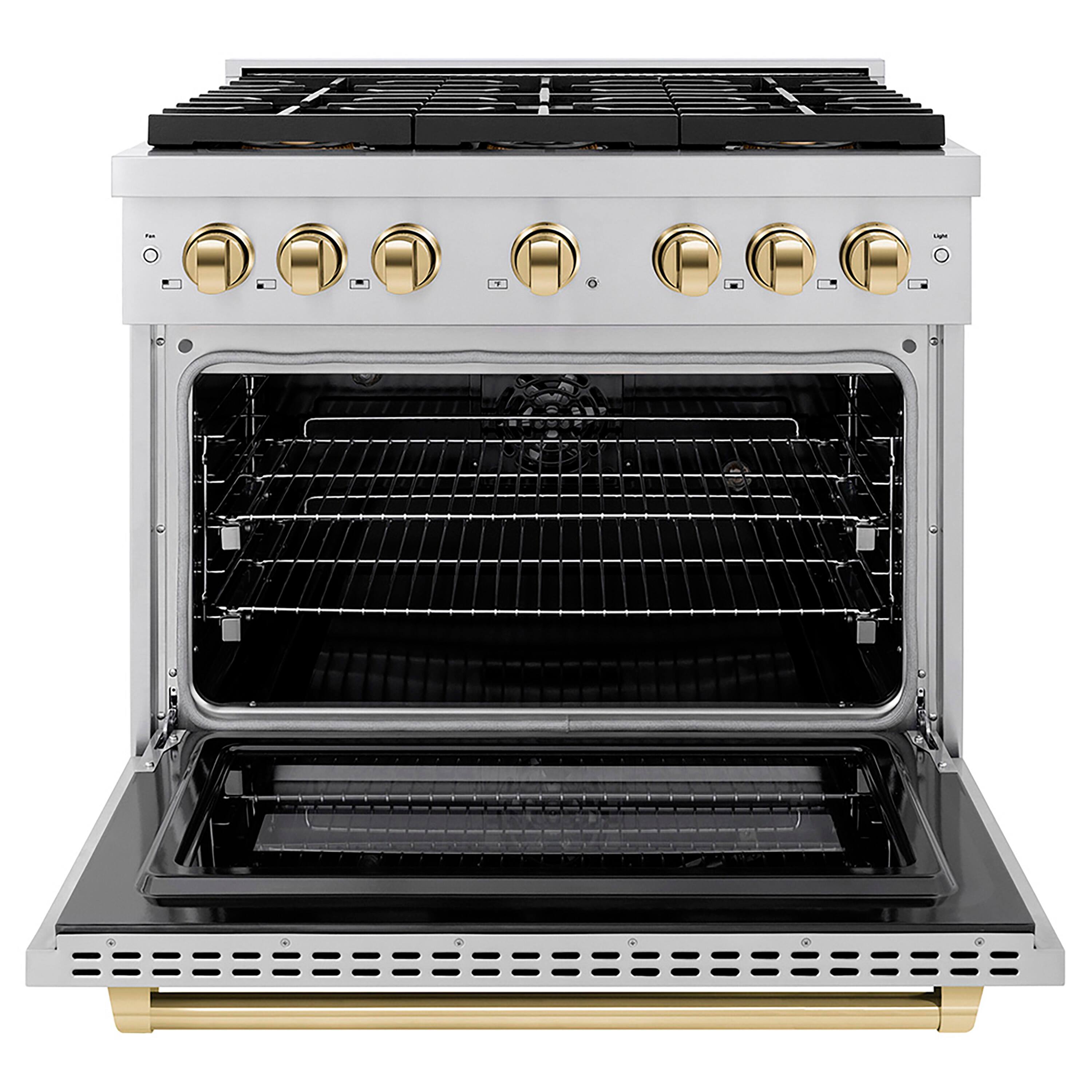 Angle. ZLINE - ZLINE Autograph 36 in. Paramount Dual Fuel Range with 6 Burner DuoPro Cooktop and Gold Accents (PSDRZ-36-G) - Stainless Steel.