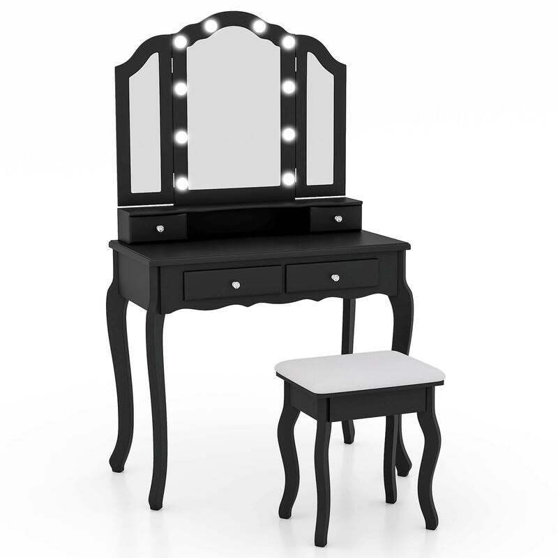 Alt View 3. WELLFOR - Classic Makeup Vanity Table Set with Hollywood Lighted Mirror, 4 Drawers and Padded Stool for Bedroom Dressing Room - Black.
