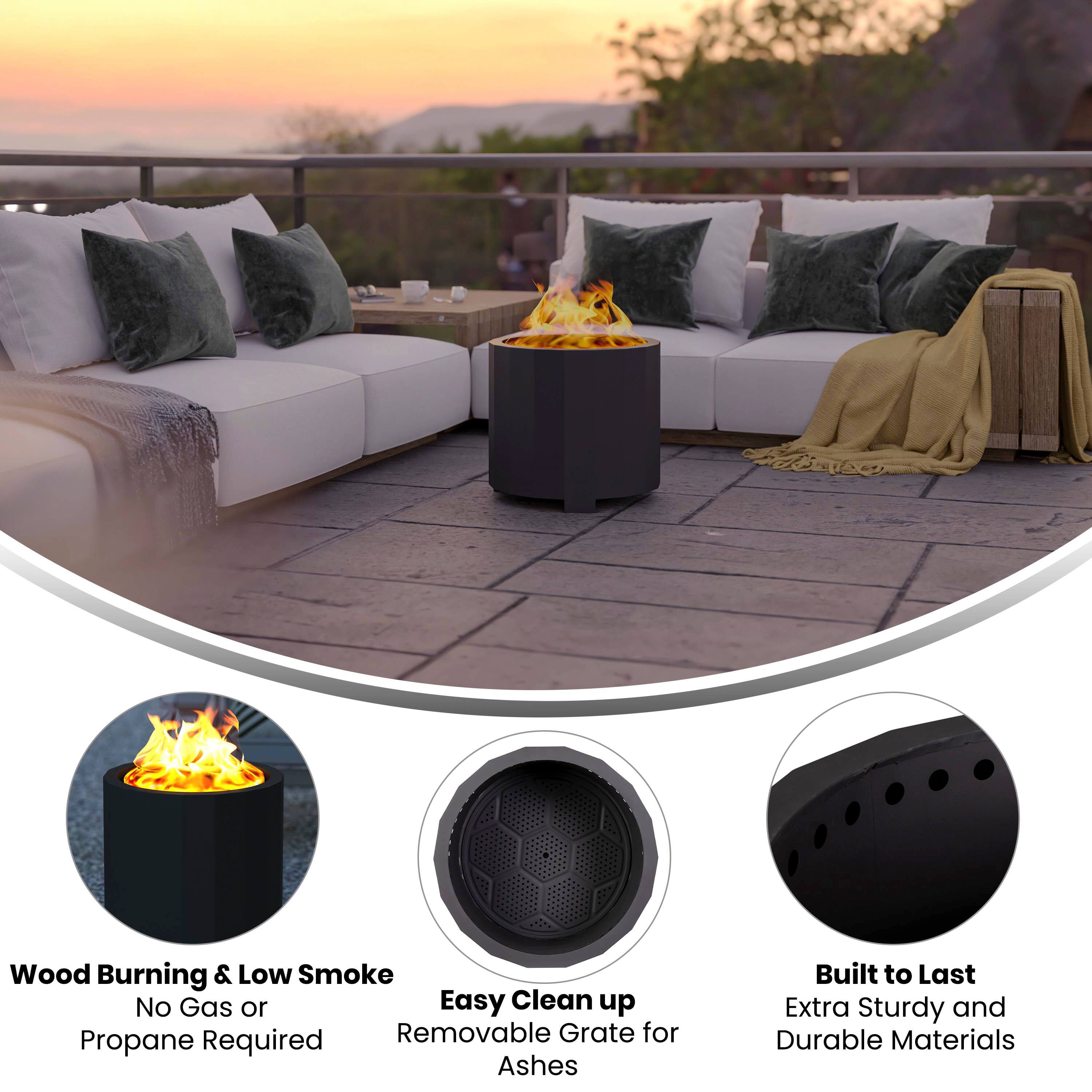 Wood Burning & Low Smoke  
No Gas or Propane Required  

Easy Clean up  
Removable Grate for Ashes  

Built to Last  
Extra Sturdy and Durable Materials