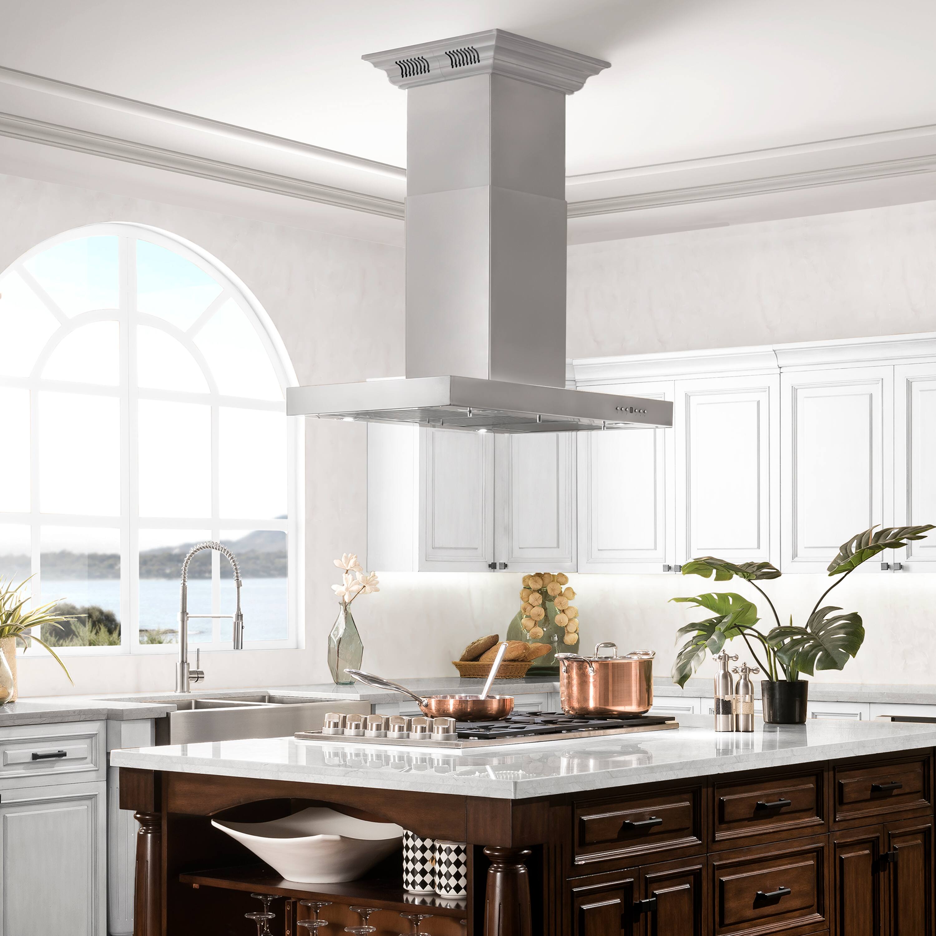 Alt View 8. ZLINE - 30 in. ZLINE CrownSound™Ducted Vent Island Mount Range Hood in Stainless Steel with Built-in Bluetooth Speakers - Stainless steel.