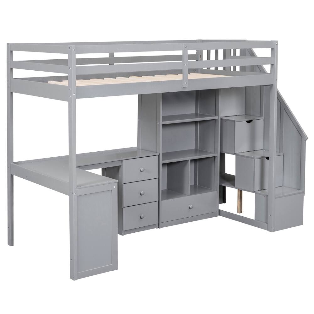 Alt View 6. Loheer - Loheer Twin Loft Bed with Desk and Storage Stairs Gray - Gray.