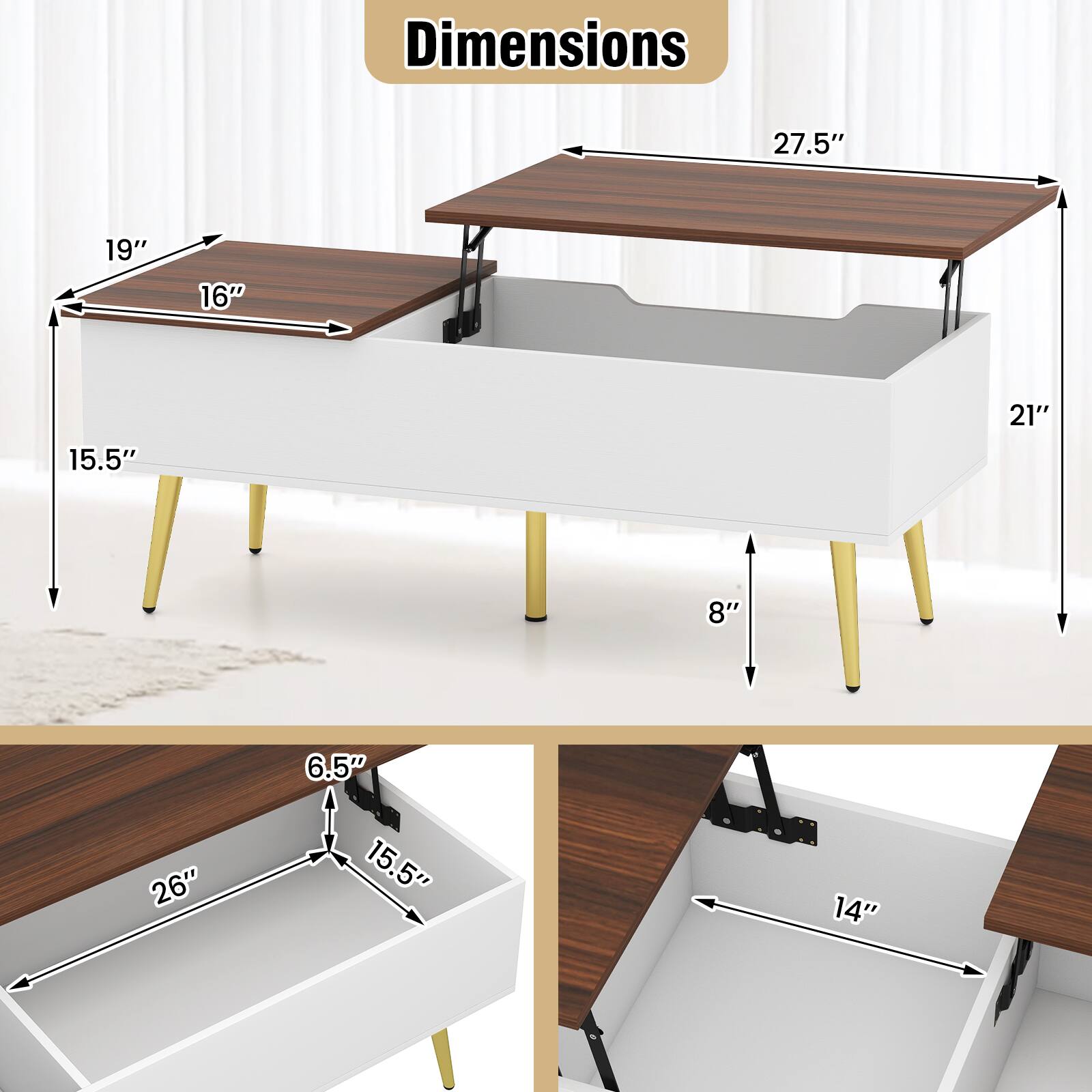 Dimensions  
27.5" x 19" x 16" x 15.5" x 21" x 8" x 6.5" x 26" x 15.5" x 14"
